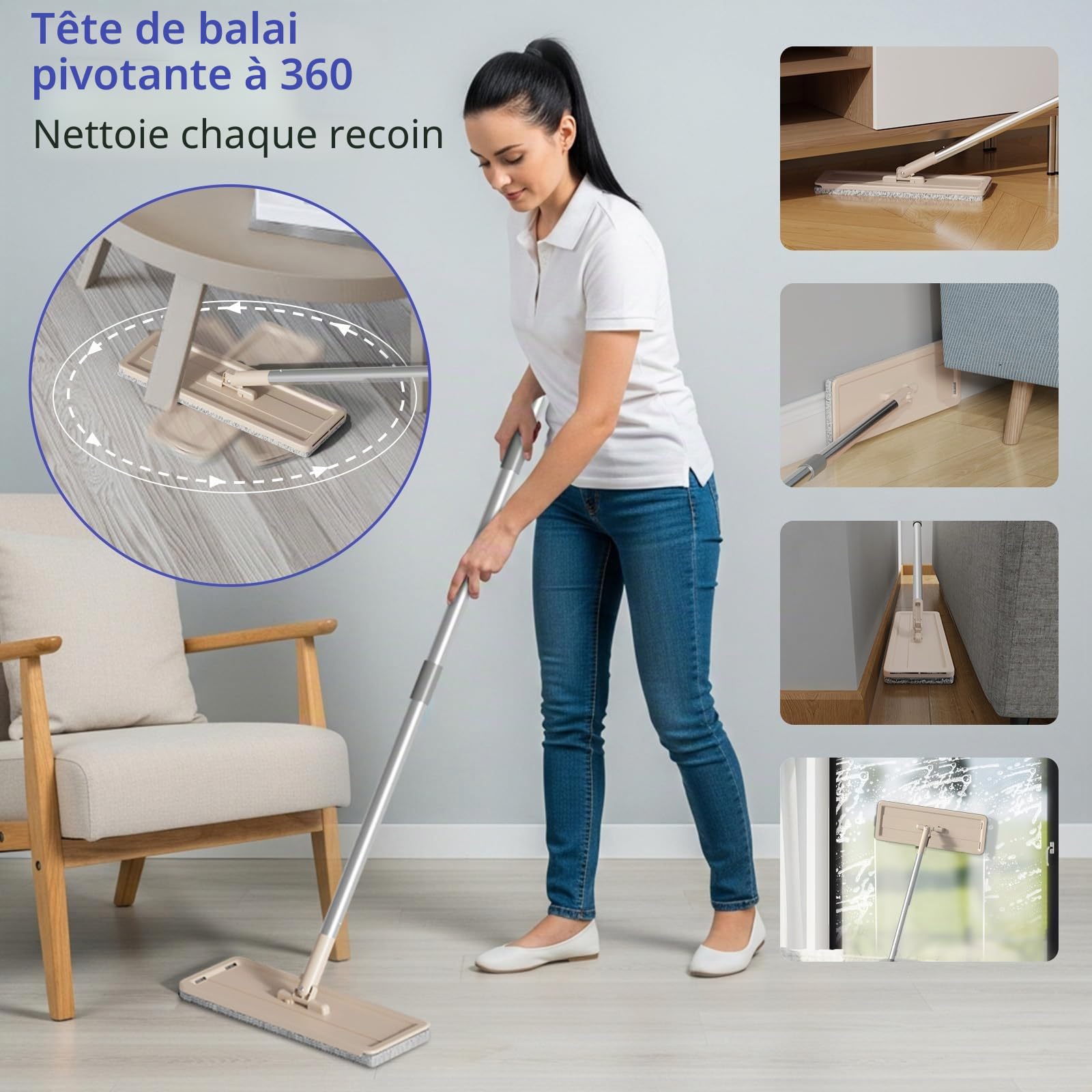 Balai serpillère avec seau plat rotatif à 360 ° avec 3 serpillères réutilisables 2 en 1, seau à serpentin mains libres pour nettoyer tous types de sols