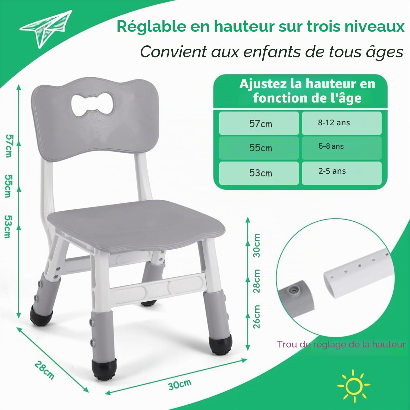 2PCS Chaise de Bureau Enfant Réglable en Hauteur - Tabouret Plastique Capacité 100kg pour Fille Garcon, Chambre/École/Garderie, Gris