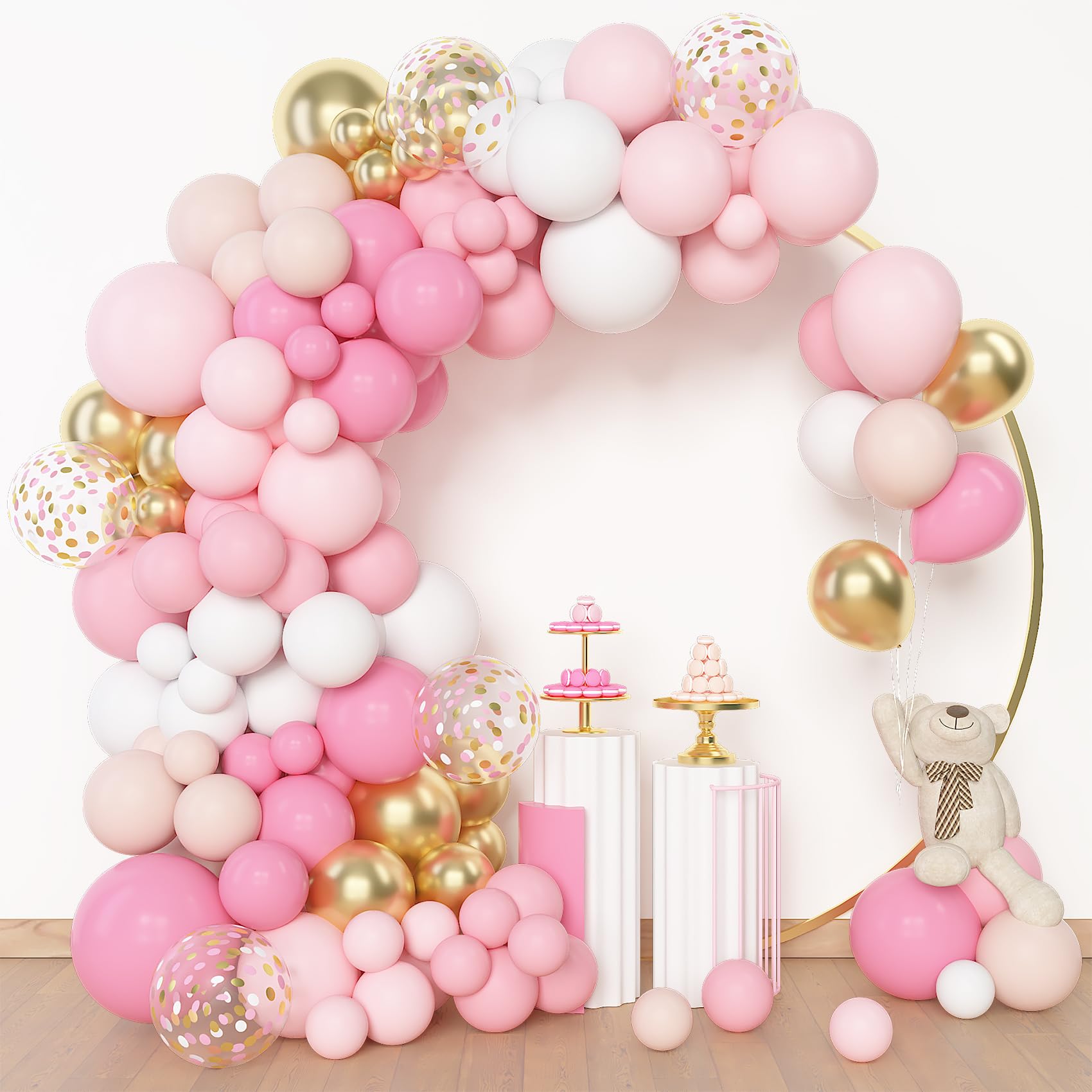 Amandir 144Pcs Pink Balloons Garland Arch Kit Light Pink Gold White Confetti Latex Metallic Balloons for Valentines Day Girl Birthday Baby Shower Wedding Graduation Party Decorations Supplies