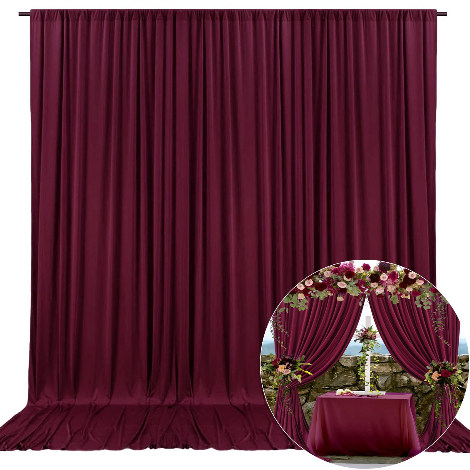 Photo 1 of 10 x 10 Feet Burgundy Backdrop Curtain for Partie, Background Curtains for Photoshoot, Birthday, Wedding, Halloween, Thanksgiving, Christmas Day, New Year Party Decorations 5Ft x 10Ft, 2 Panels