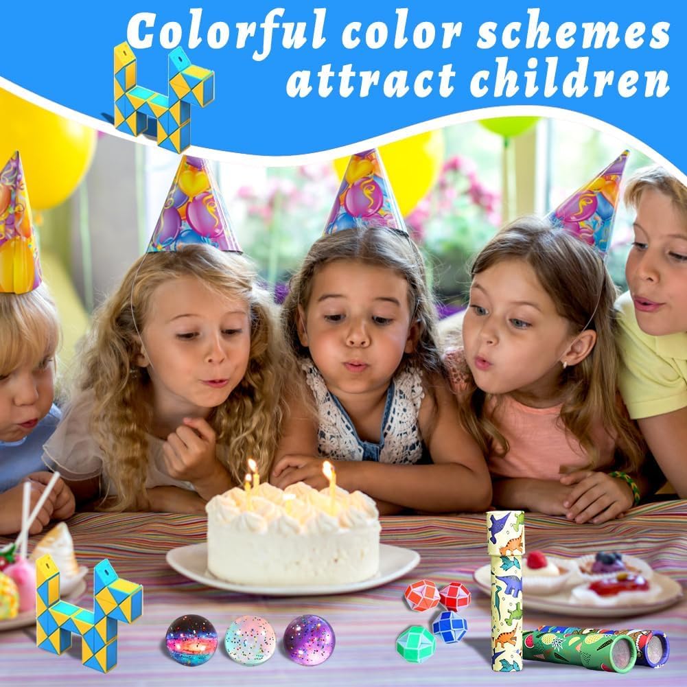 Cadeaux de Fête d'Anniversaire pour Enfants, 36 Pièces Set, 12 Kaléidoscopes pour Enfants, 12 Balles Thème Espace, 12 Serpents Magiques en Cube, Cadeaux d'Enfants pour Anniversaire, Noël et Fêtes