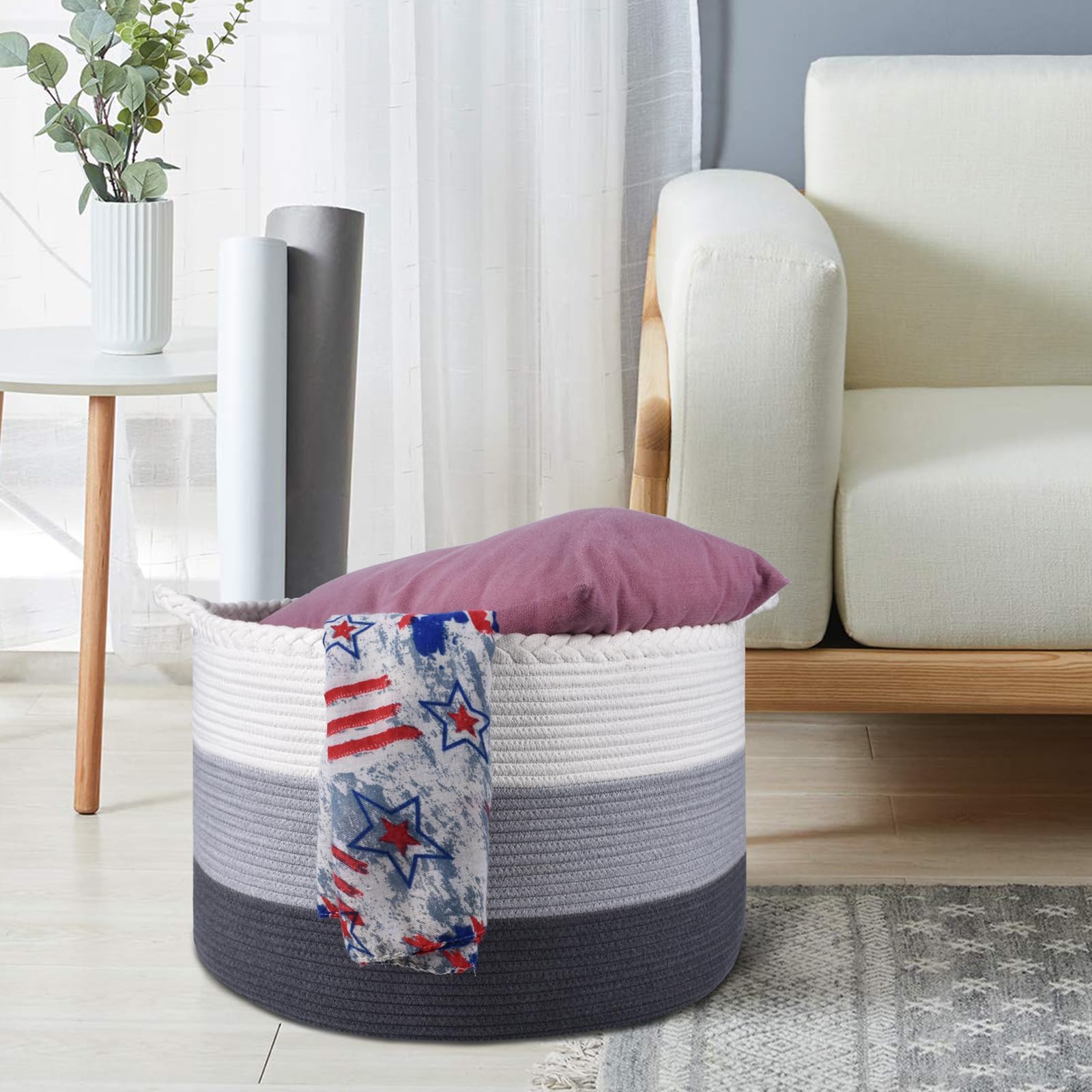 COMSE Extra Large Woven Blanket Laundry Basket, 21.7”x 13.8”, Nursery Hamper, Cotton Rope Laundry Hamper Living Room for Storage Toys Clothes Towels (White & Light Gray & Dark Gray)