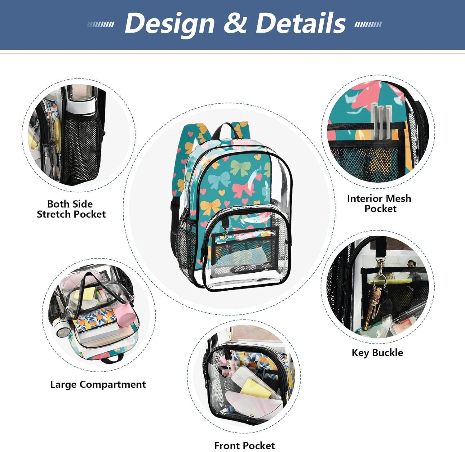 Bow Heart Clear Backpack Heavy Duty See Through Transparent PVC BookBag for Kids Boy Girl Adult School Work