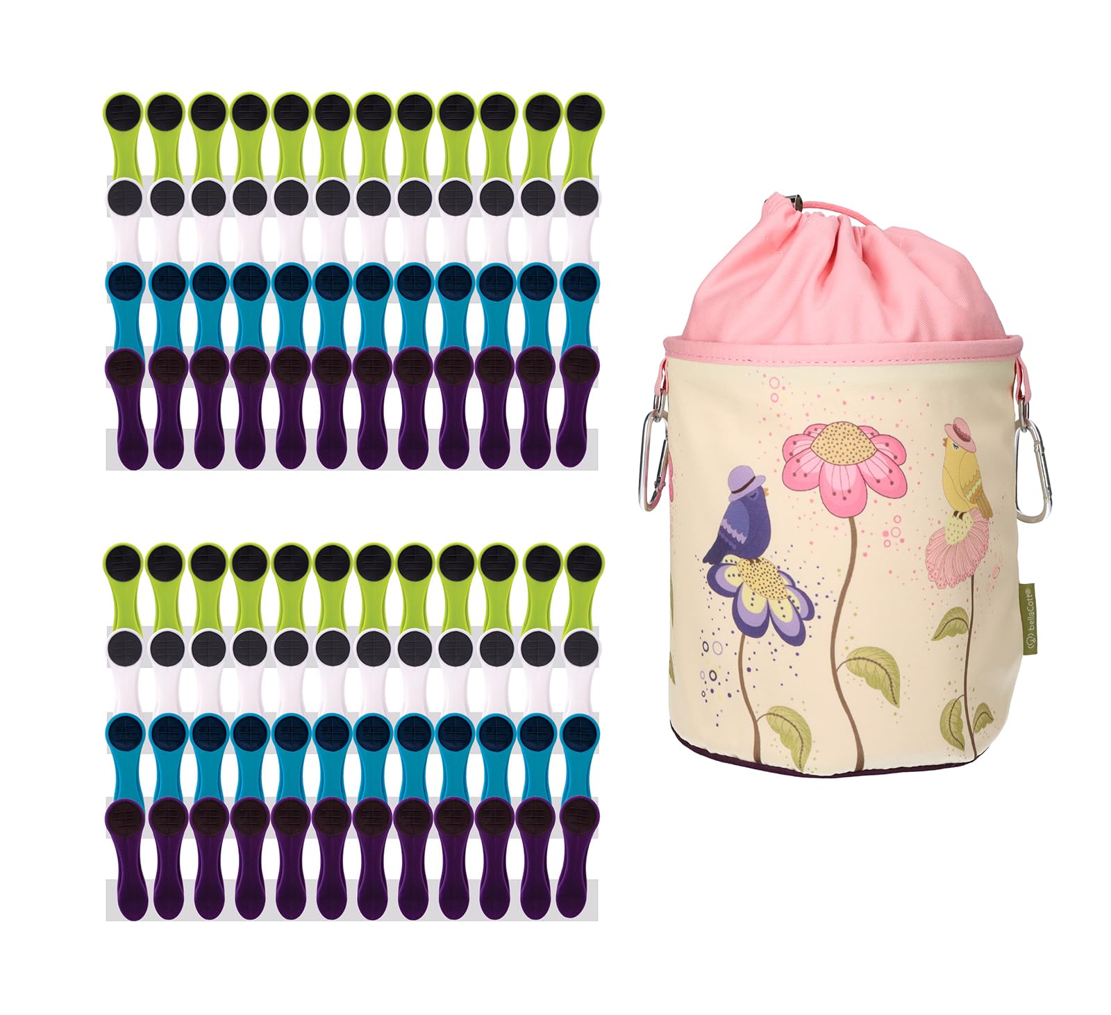 96 mollette colorate Softgrip antiscivolo, extra resistenti, con sacchetto per mollette bellaCott in cotone con motivo a fiori di uccello