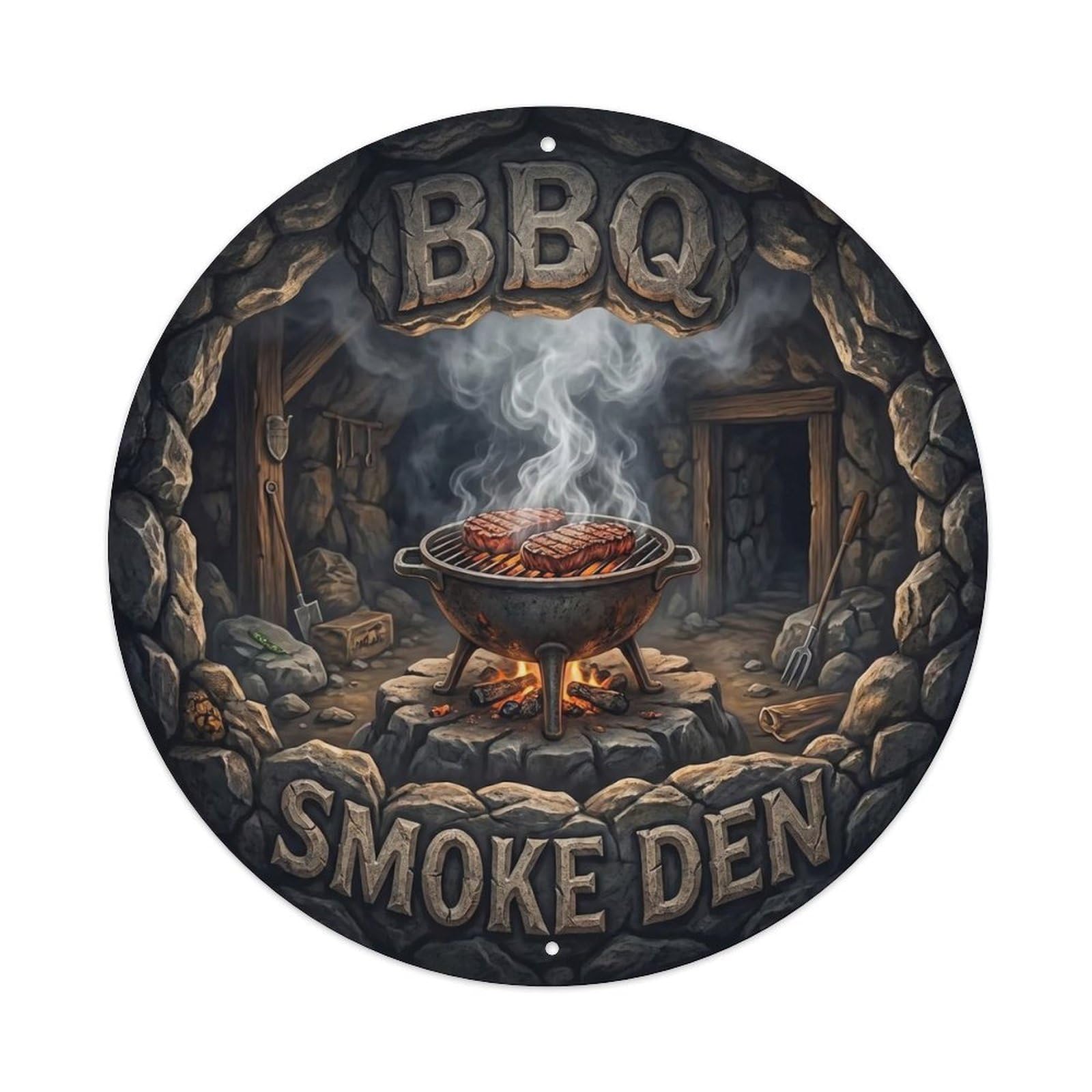 BBQ Barbecue Smoke Den Vintage Metal Tin Sign Plaque Wall Decor for Cafe, Club, Garden Round Metal Poster 8x8Inch