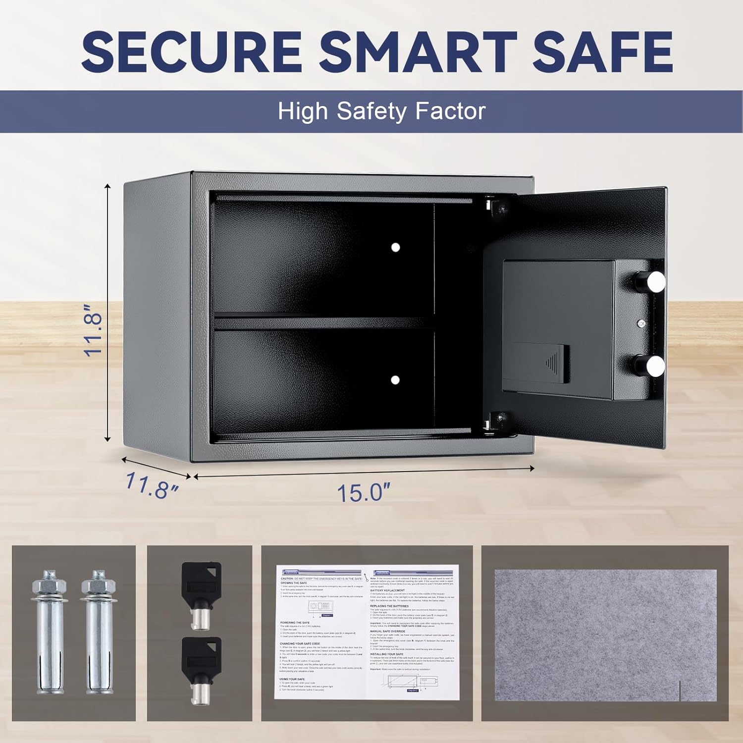 Safe Box Fingerprint Lock with Keypad and Key, Mute Mode, Personal Electronic Safe Box for Home Normal Use (1.2 Cubic Feet)