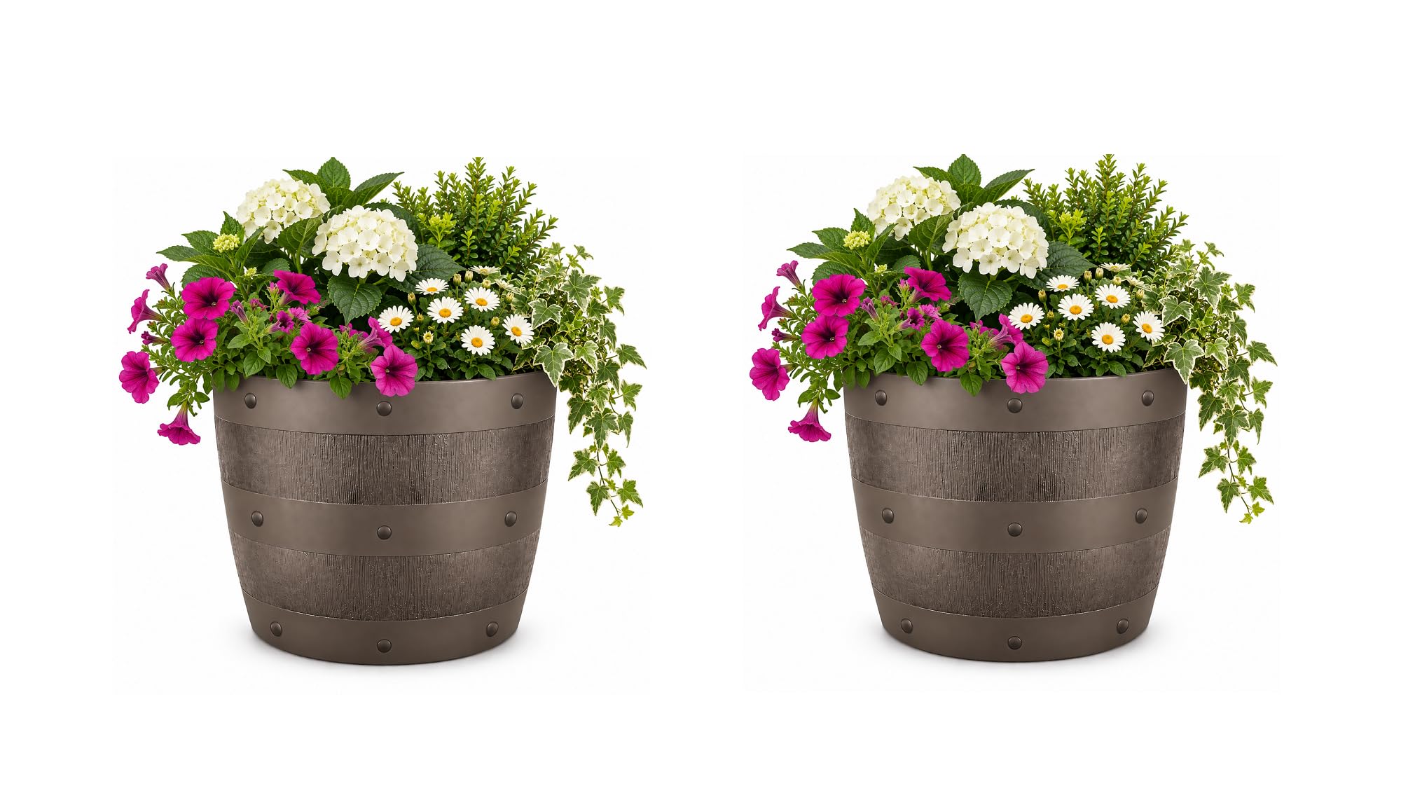 ECOM VALLEY 34cm Whiskey Barrel Planter Plant Pots Outdoor Round Plastic Plant Pot Wooden Effect Garden Planter Patio Tub for Flowers Herbs Plants Indoor & Outdoor DΓ©cor Gardening Pot,Brown Pack of 2