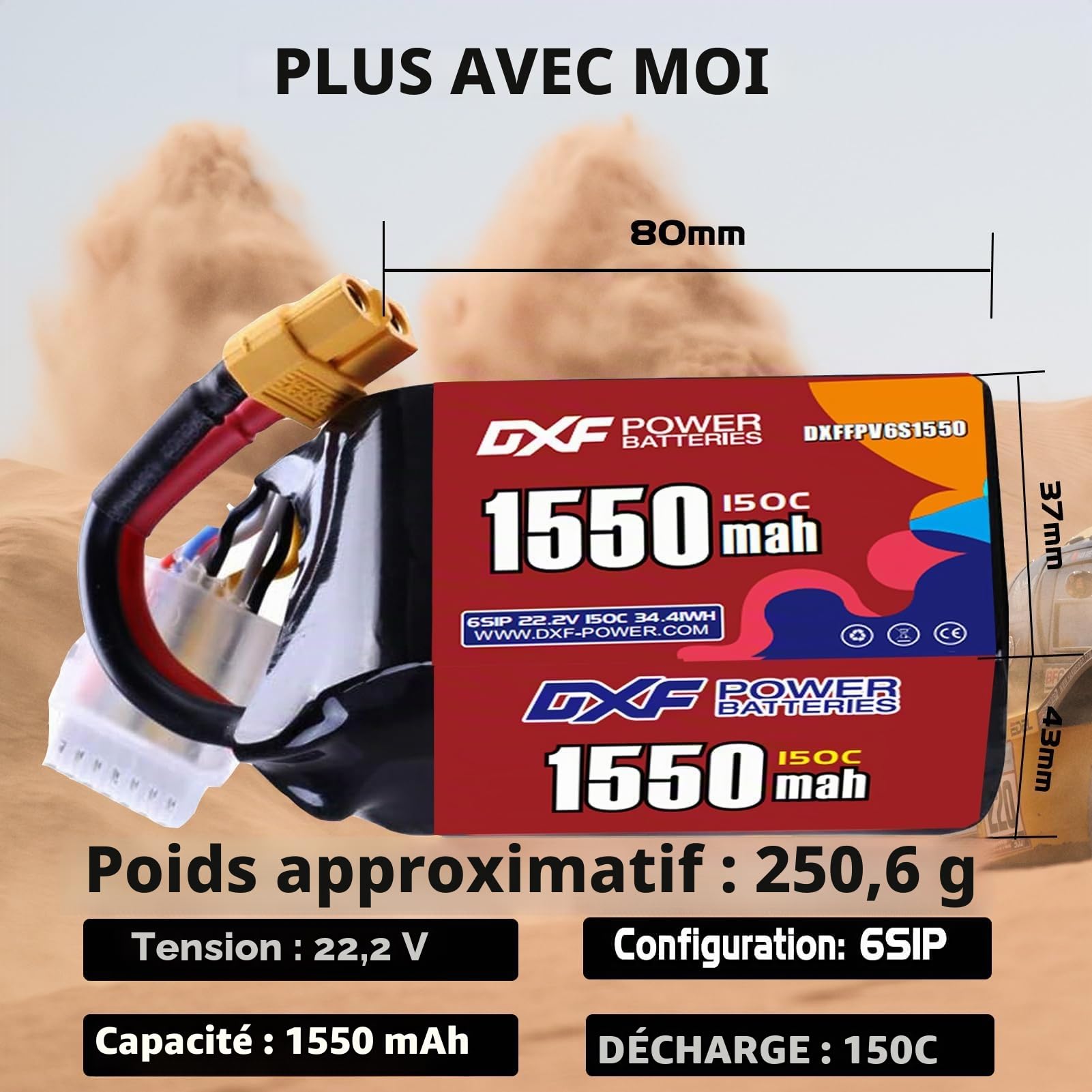 DXF Lot de 2 batteries LiPo XT60 1550 mAh 22,2 V 150 C 6S en graphène de qualité supérieure pour drone de course FPV, quadricoptère, hélicoptère, avion, bateau, voiture, camion