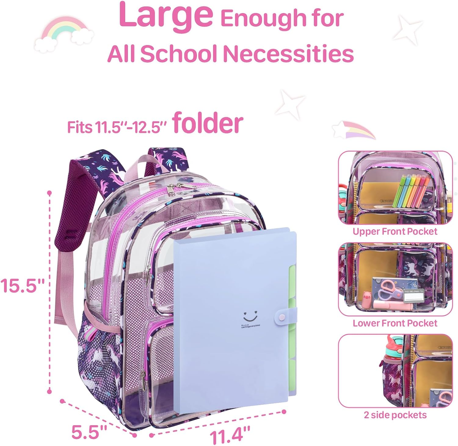 Bagseri Clear Backpack for Girls - 15 Inch Heavy Duty Kids Clear Bookbag for Kindergarten to Grade 2, Transparent School Bag with Reflective Strip, Fits Folders, Deep Purple Unicorn - Image 3