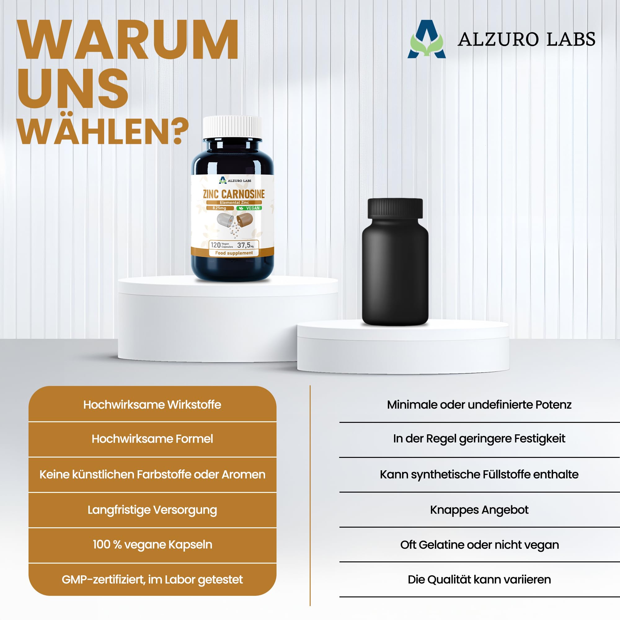 Zink-L-Carnosin | 37,5 mg | 8,25 mg elementares Zink (83% NRV) | 120 vegane Kapseln | Zinc L-Carnosine | GMP & Laborgeprüft
