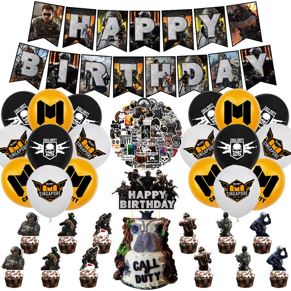 Call of Duty Birthday Decorations - Happy Birthday Banner, 18 Balloons, 12 Cupcake Toppers, 50 Game Stickers and 1 Cake Topper for Boys Men Gamer Fans