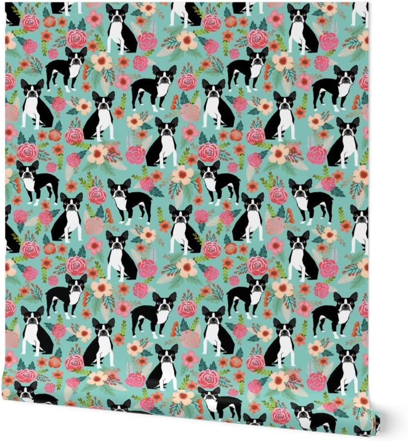 Commercial Grade Wallpaper 27ft x 2ft - Boston Terrier, Vintage Style, Florals, Dogs, Mint Green, Dog, Flower, Puppy Traditional Wallpaper by Spoonflower