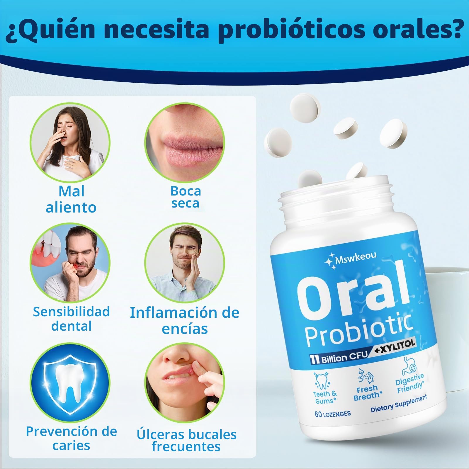 Probióticos orales para boca Mal aliento para adultos, 11 mil millones de CFU, los mejores probióticos dentales orales para dientes y encías, boca seca, restauración de encías, aliento fresco