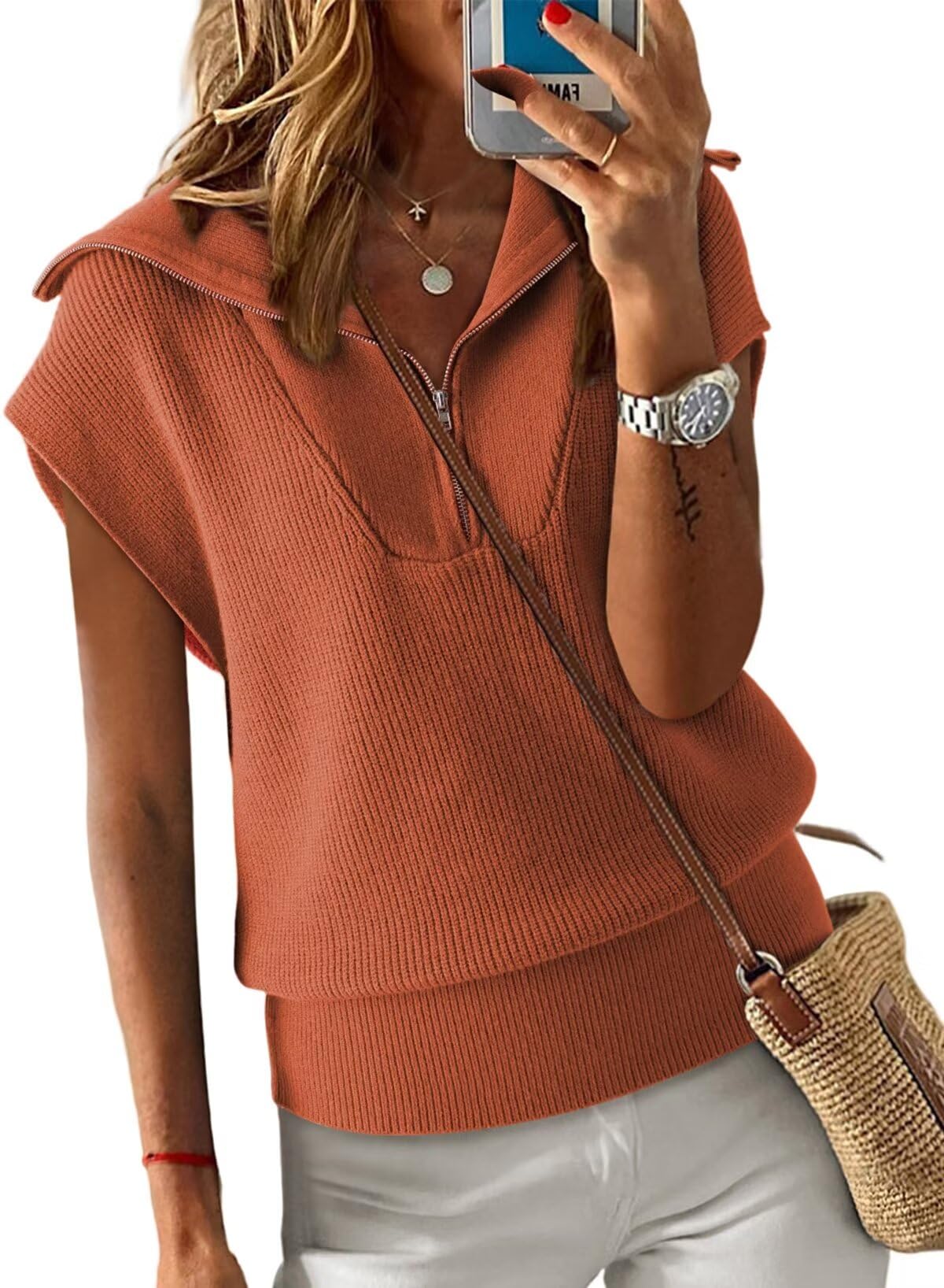 Women's Casual Sleeveless Half Zip Pullover Sweaters Solid V Neck Collar Ribbed Knitted Loose Sweaters-image-46