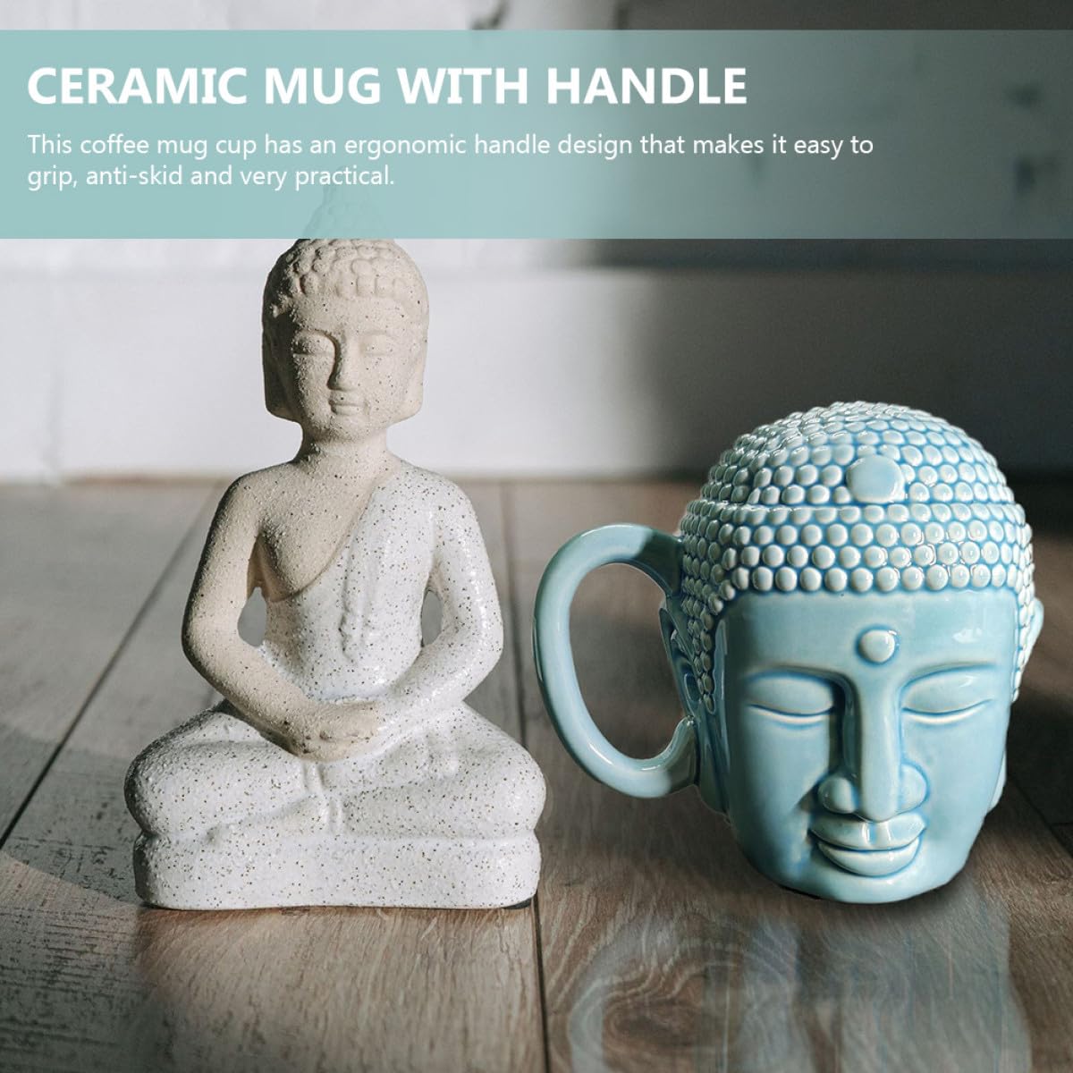 DOITOOL Tasse en Céramique 450ml Forme Tête de Bouddha avec Anse Antidérapante, Mug Créatif pour Boissons Chaudes et Froides à Domicile Boutique