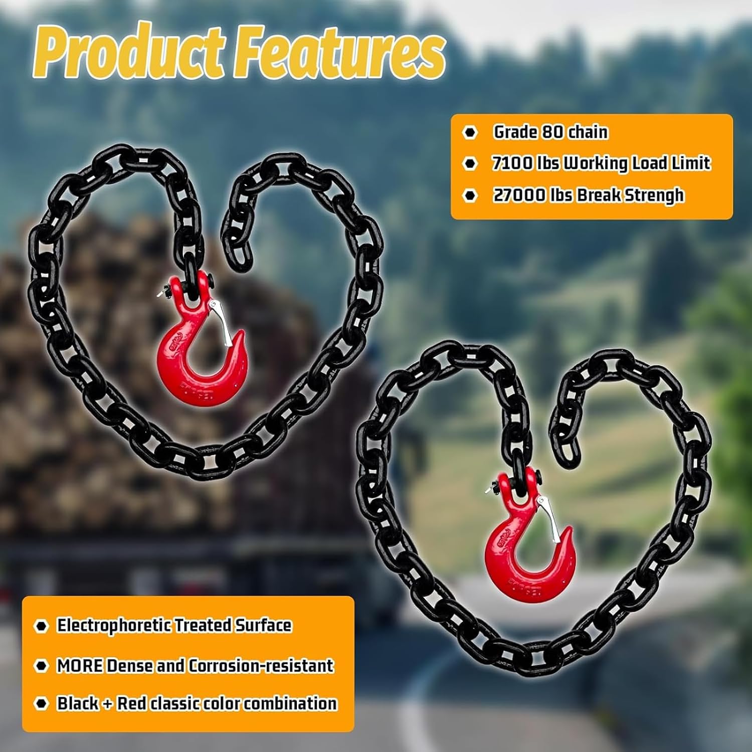 3/8 Trailer Safety Chains G80 Tow Chains with G70 Clevis Safety Hooks|7100 lbs Safety Working Load 27000 lbs Break Strength Heavy Duty 36 Transport Chains Tow Binding Chains (2 Pack Black)