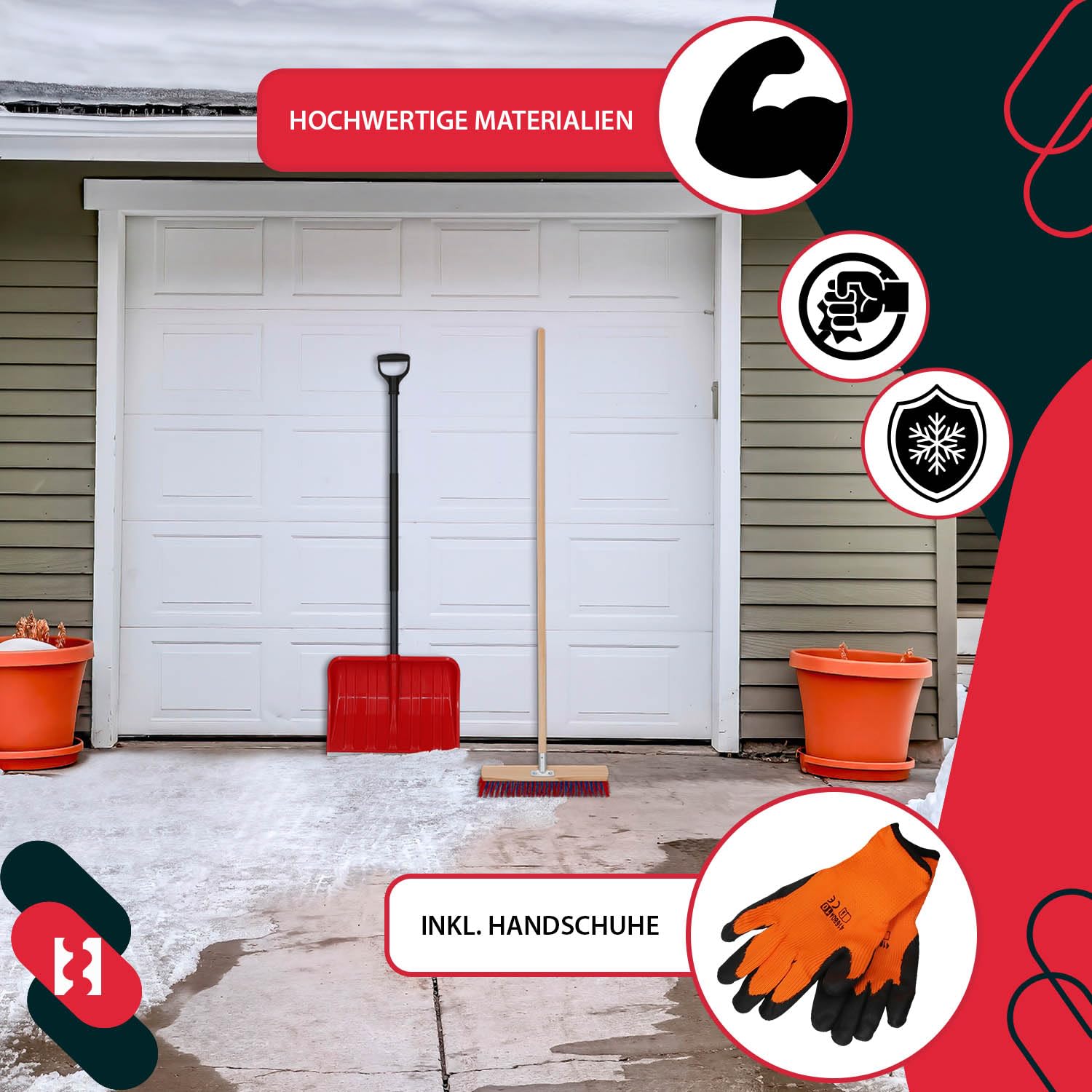 KOTARBAU® Kit pelle à neige avec manche en métal 133 cm Balai de rue 43 cm + gants Pelle à neige Snow Shovel Pelle à neige avec manche Pelle à neige extérieure pour déneigement voiture