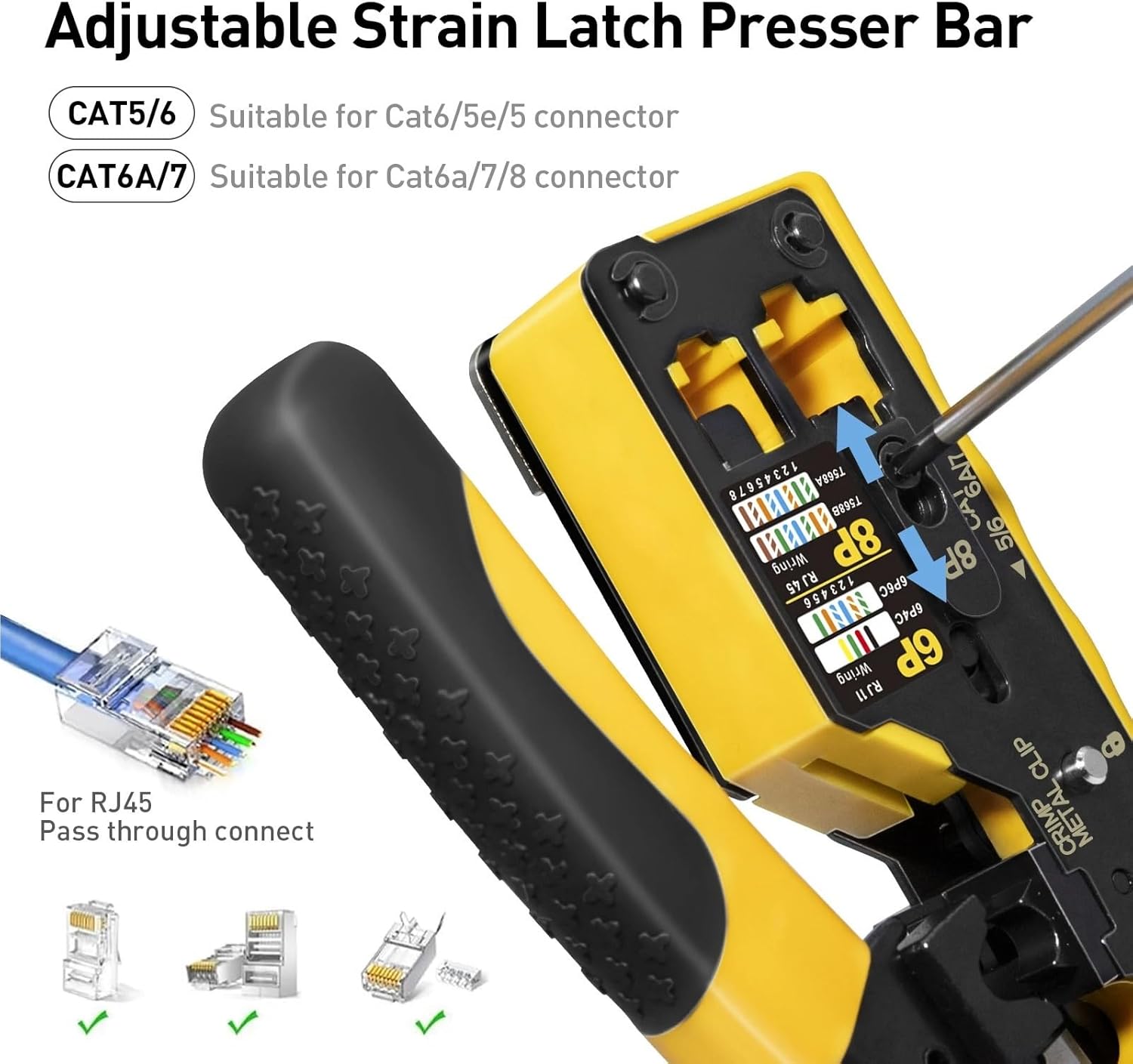 RJ45 Cat7 Crimp Tool Ethernet Crimping Tool Wire Cutter Crimper For Cat7 Cat6a Cat6 Cat5e Pass Through Connectors(Yellow)