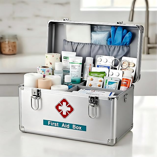 Boîte de premiers soins en métal vide en aluminium boîte de médecine serrure avec clés, 12.2 * 7.08 * 7.08” Conteneur de taille moyenne avec poignée, Organisateur de boîte de premiers soins, Argent
