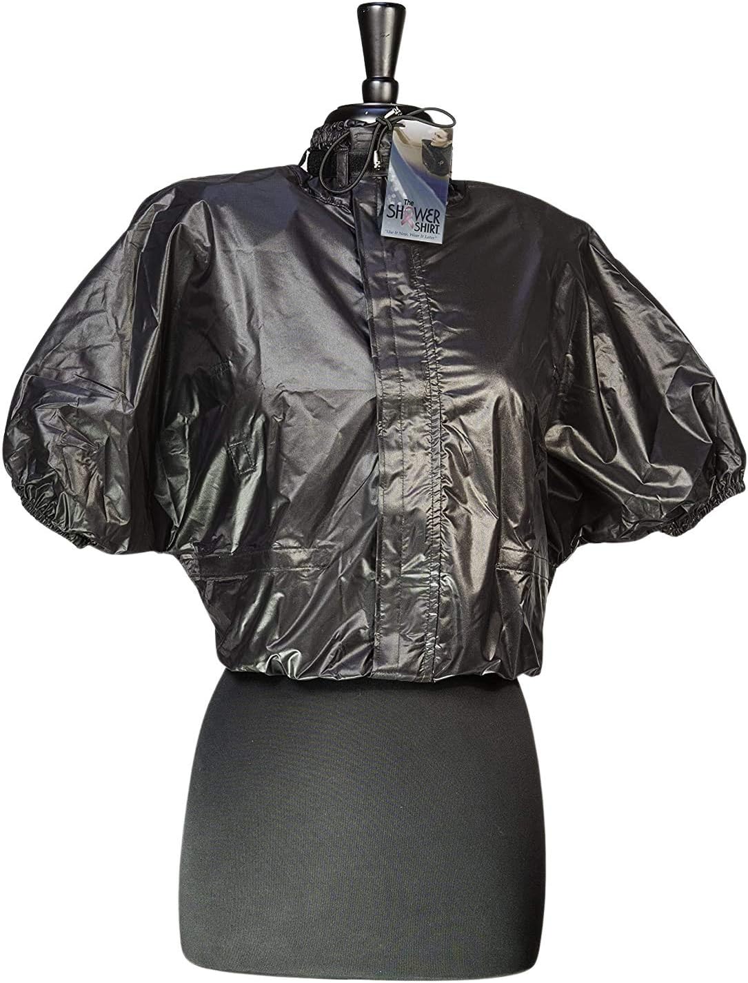Shower Shirt Water-Resistant Garment Upper Body Coverage – Reusable Post Surgery Waterproof Chest & Shoulder Shower Cover for Bandages, Tubes, Drains, Catheters, Ports, Surgical Sites - Black, L/XL