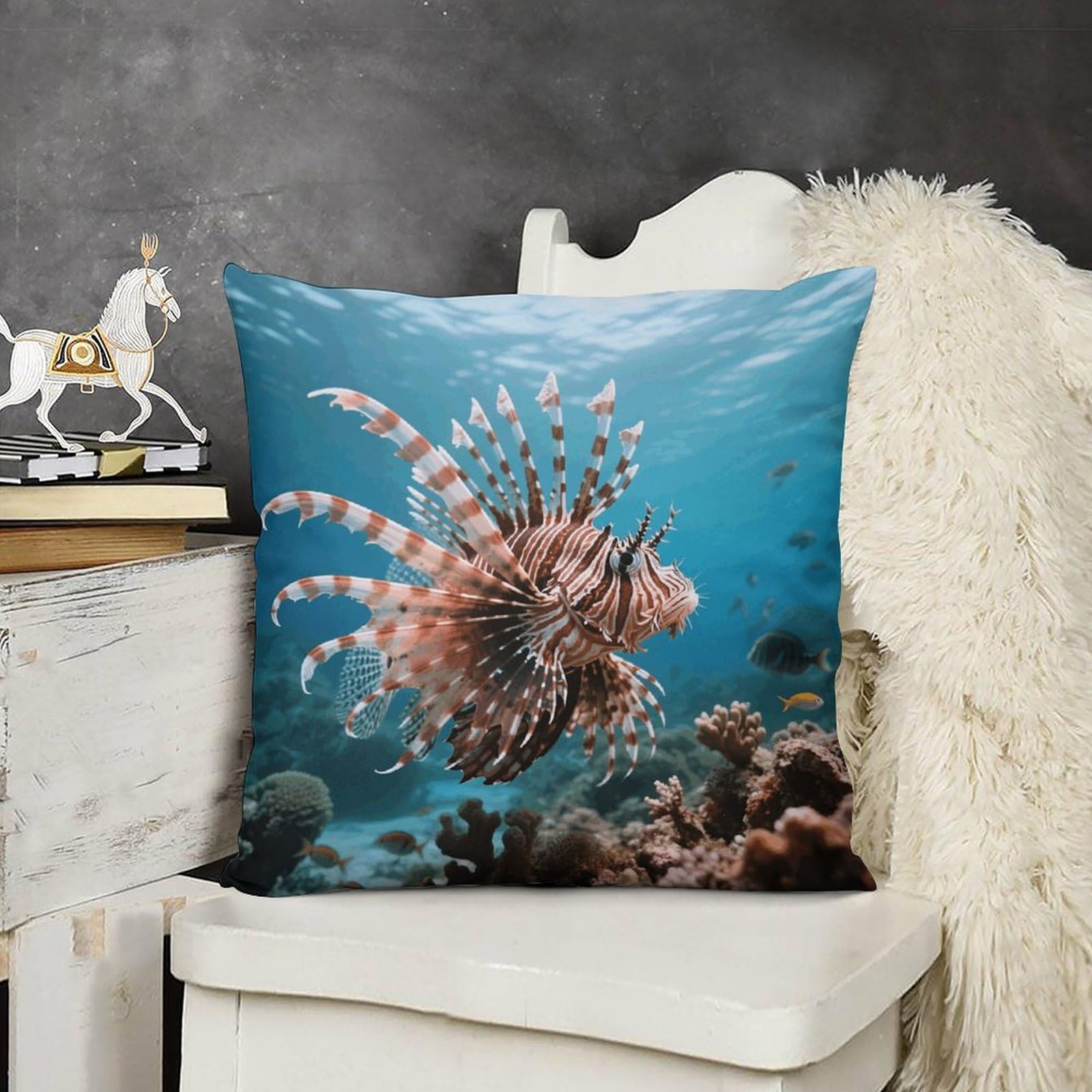 FodPand Boho Farmhouse Lionfish Pillow Covers with Hidden Zipper 22x22 Soft Plush Cushion Cover Decorative Throw Pillow Cases for Couch Bed Sofa Living Room Indoor Outdoor Home Decor