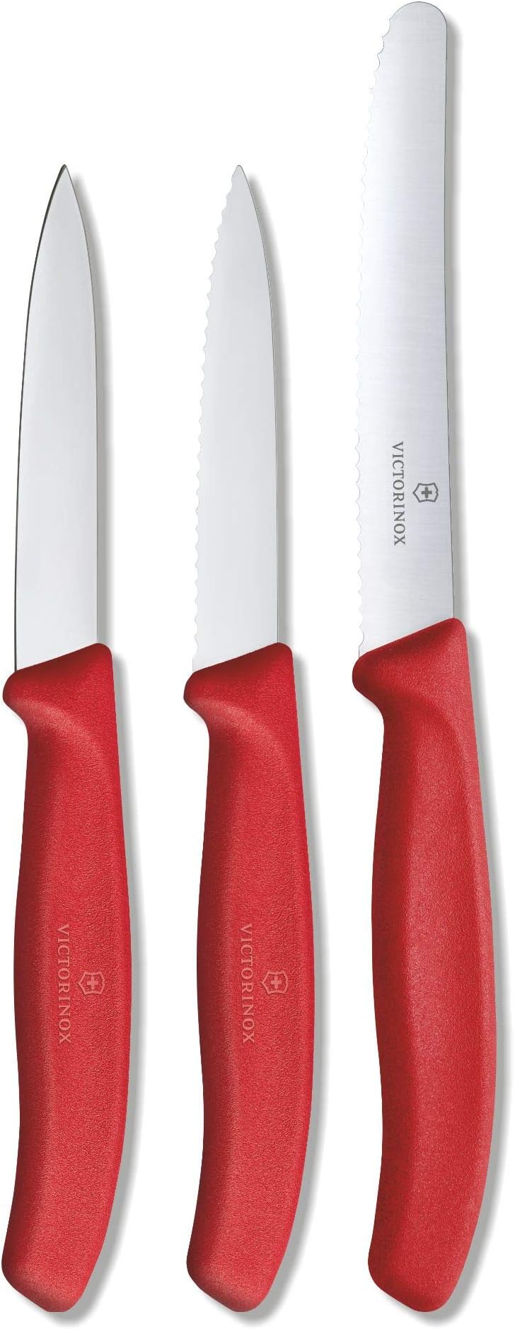 Victorinox Swiss Classic Stainless Steel Paring Knife Set, 11 cm Serrated Edge, 8 cm Serrated Edge, 8 cm Straight Edge, Red, Swiss Made, 6.7111.3