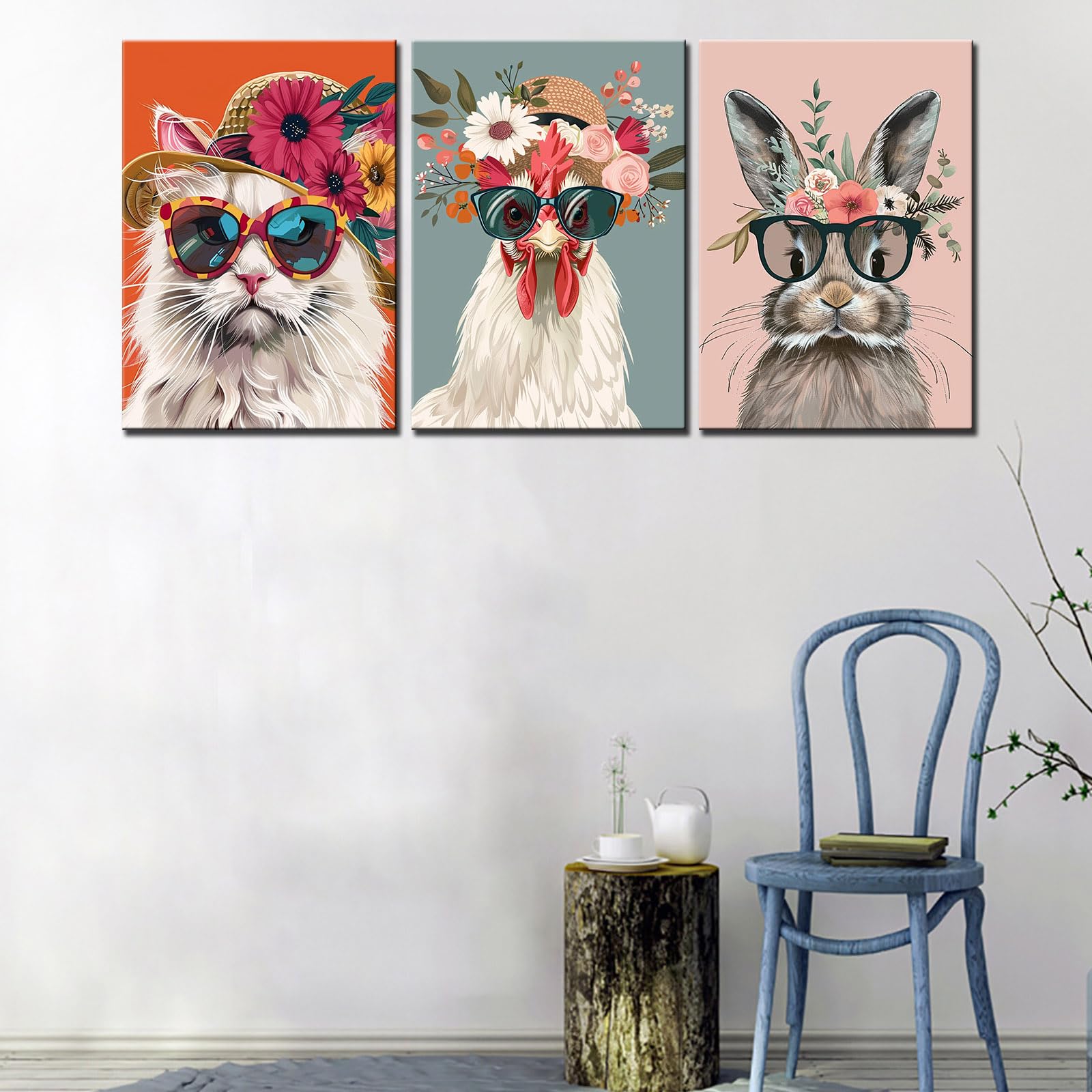 Cute Funny Animal Canvas Wall Art for Living Room Decor 3 Pcs Rooster Cat Rabbit Wear Sunglasses Paintings Animal Flowers Artwork Decor Wall Pictures Kitchen Wall Decor Framed Ready to Hang 42”Wx20”H - Image 2