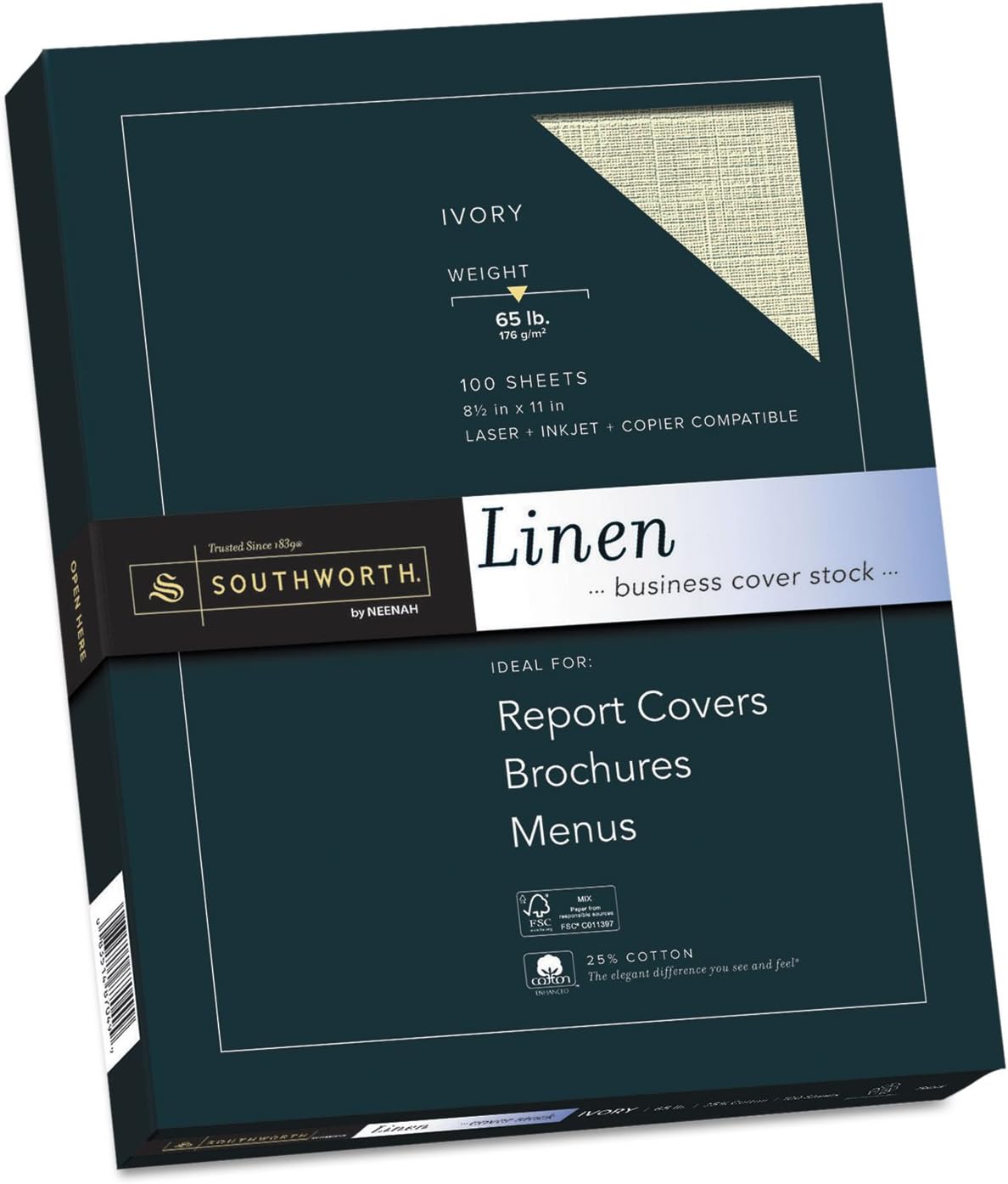 Southworth 25% Cotton Linen Copy/Inkjet/Laser Coverstock, 65 lbs, Letter, Ivory, 100 Sheets
