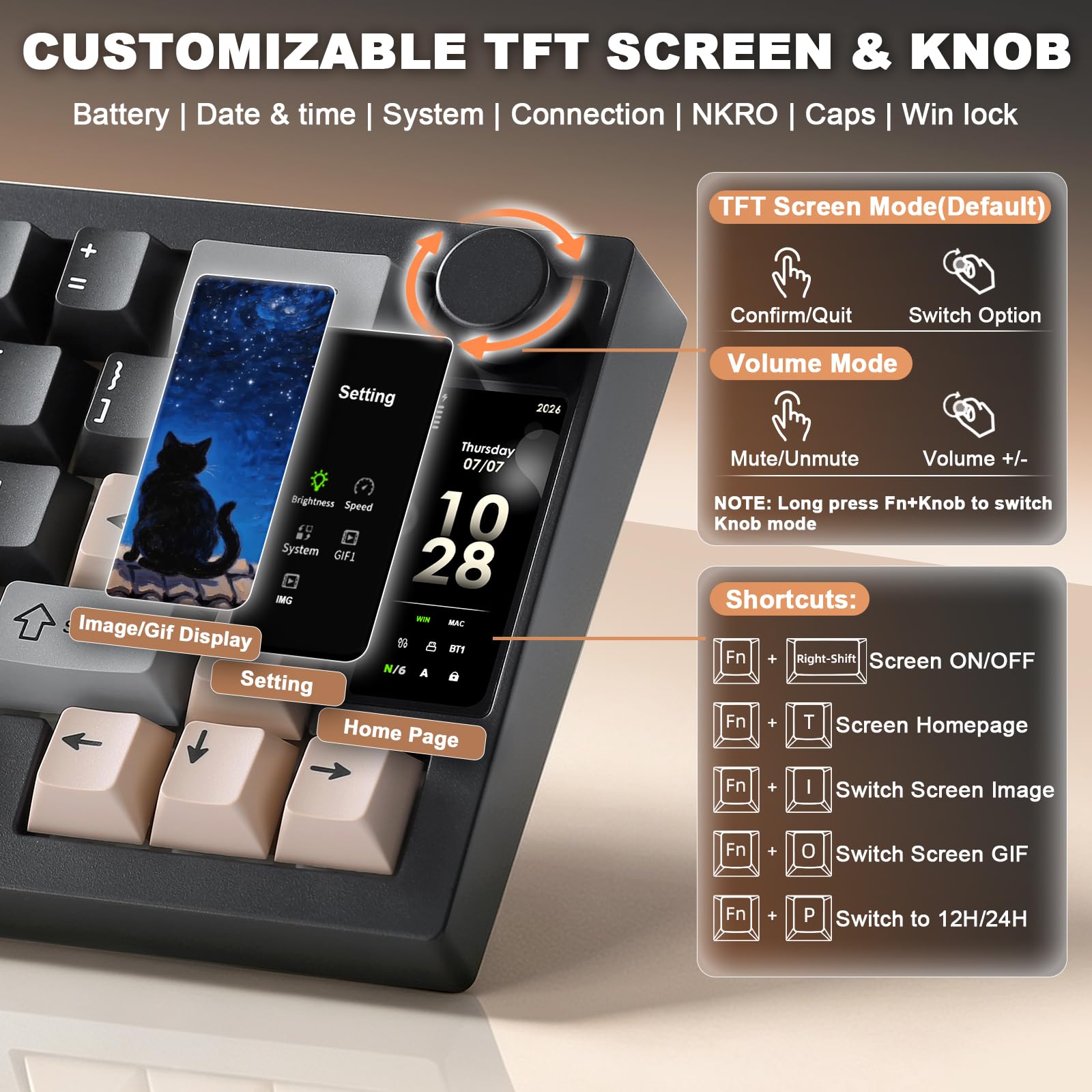 YUNZII IF68 Teclado Mecánico Gaming Inalámbrico QMK/Via (Negro, Milk V2) | 65% Pantalla TFT con Perilla, Bluetooth/2.4G/USB-C, Hot Swap, PBT, Retroiluminación RGB, US ANSI, para Mac/Win