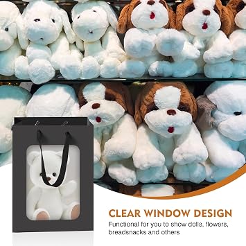 Bakbania 24 Pack Paper Gift Bags with Window,9.8 x 7.1 x 5.1 Inch Kraft Shopping Bags with Handle,Paper Bouquet Gift Bag for Birthday, Weddings, Festival Party(Black)