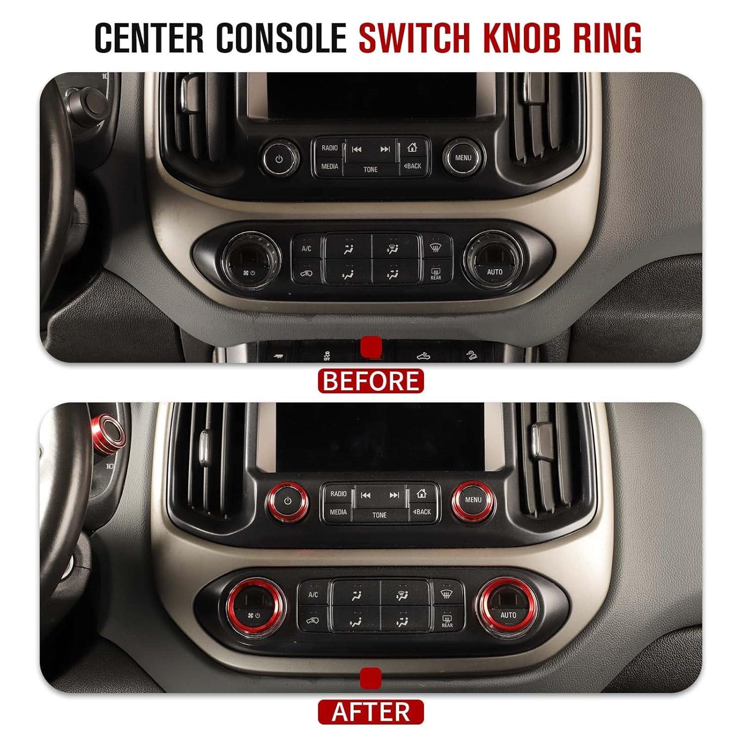 Jimen Compatible with Chevrolet Colorado/GMC Canyon 2014-2022, 8PCS Center Console Audio Volume AC Button & Turn Signal & Wiper Switch & 4WD Light Control Knob Ring Cover Trim (Red)