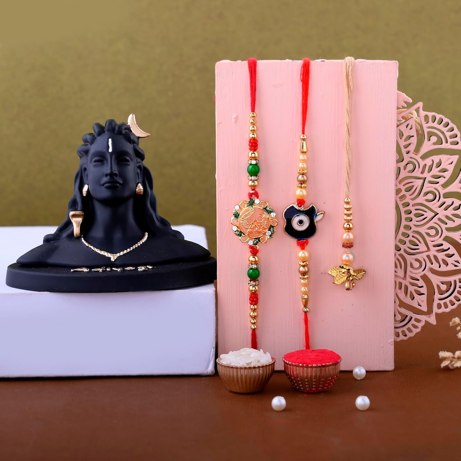 Great Art Rakhi Gift for Brother with Rakhi Gift Combo for Brother Best Gift for Bhaiya Bhabhi +Adiyogi Shiva Statue for Car Dash Board + Rakhi Set of-3 +Roli Chawal + Free Rakhi Card-200-2