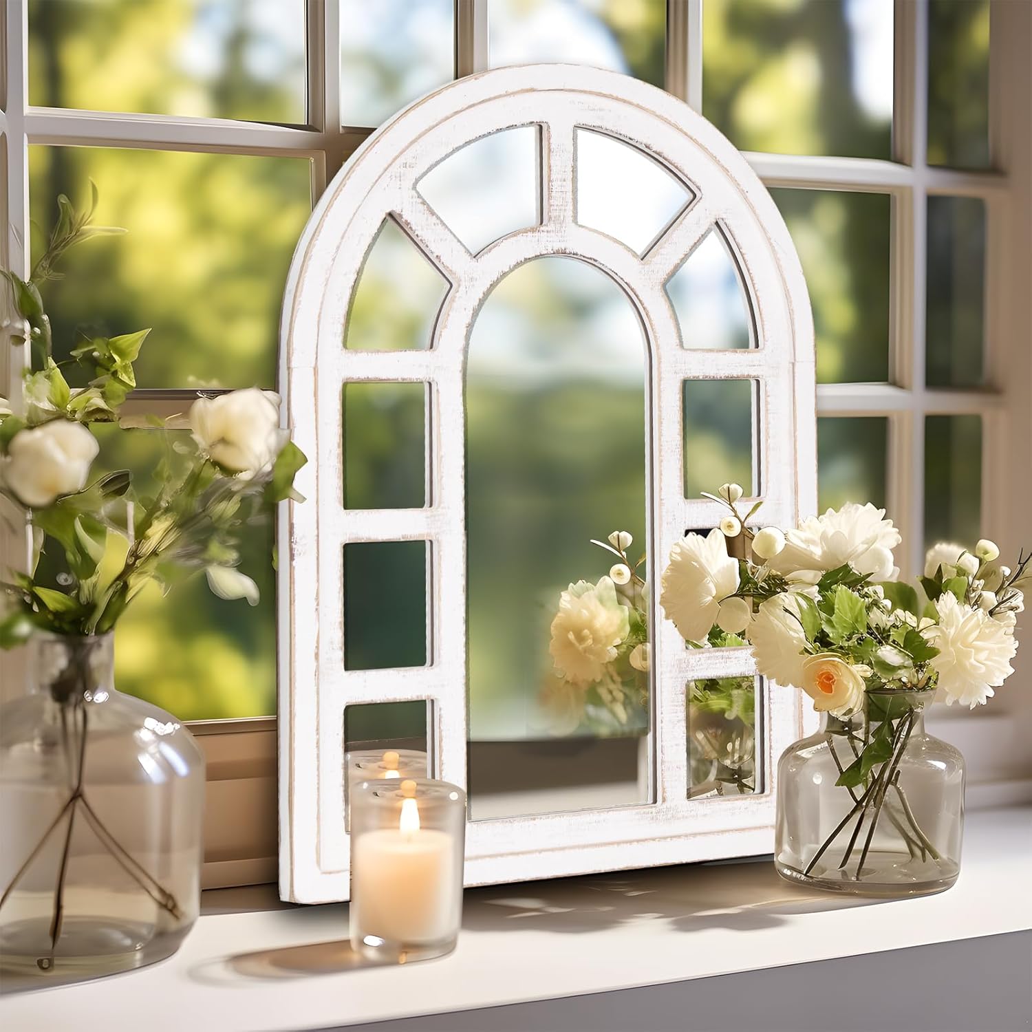 SOFE Espejo Rústico Para Ventana, Decoración De Pared De 11 X 16 Pulgadas, Espejo De Marco De Ventana De Granja Blanco Envejecido Para Decoración De Pared, Espejo Decorativo De Madera Para