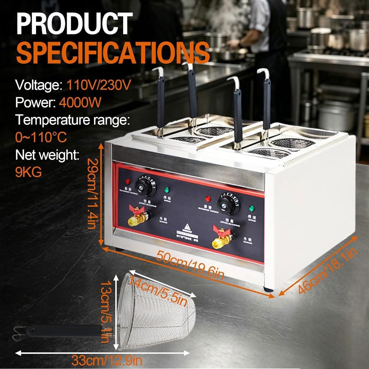 Cuocipapa Professionale, 4 cestelli, bollitore Elettrico per Noodles, Macchina per Ramen in Acciaio Inox, Temperatura Regolabile da 30 a 110℃