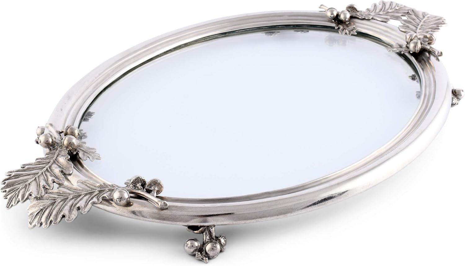 Vagabond House Solid Pewter Acorn and Oak Leaf Handle Oval Glass Serving Tray Platter 12 inch x 19 inch