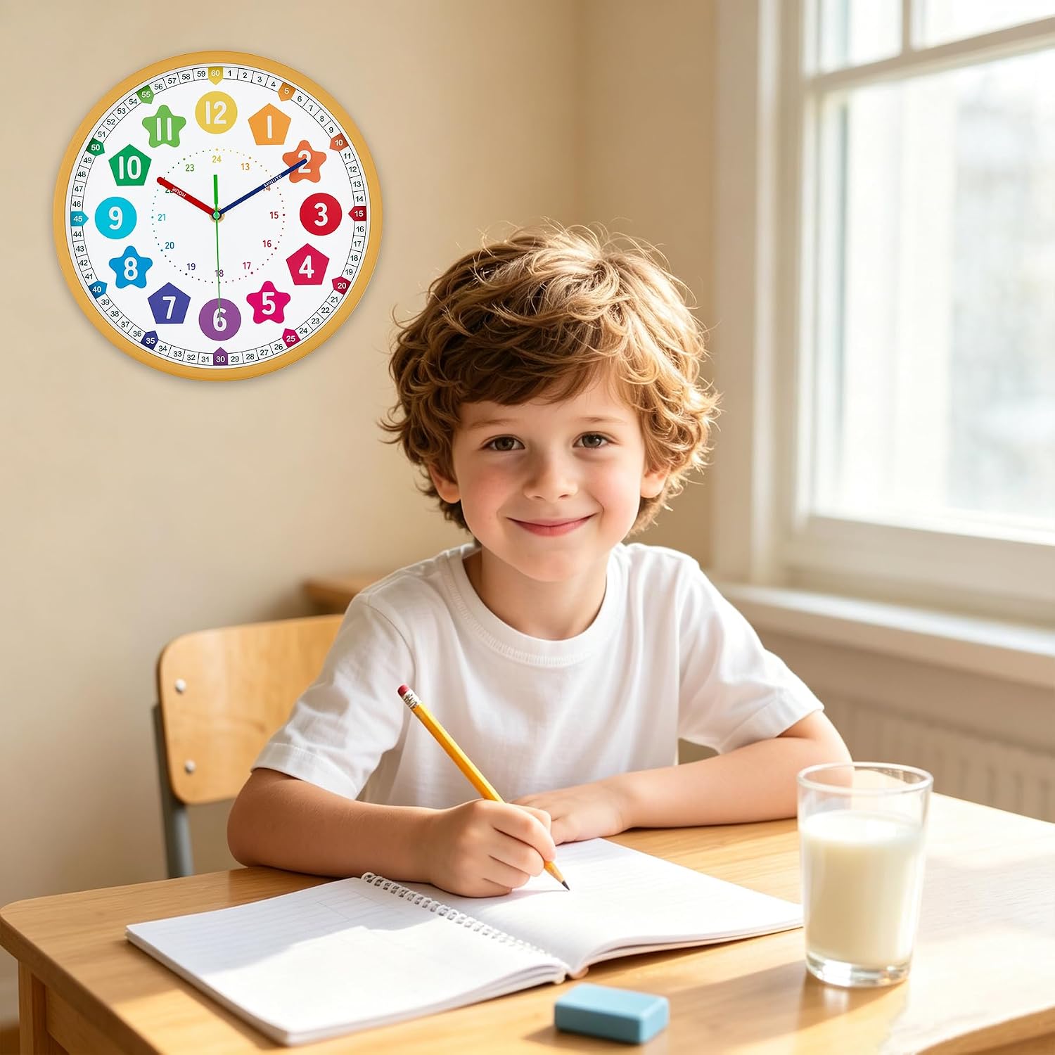 HZDHCLH Kids Wall Clock for Learning to Tell Time 8 Inch Silent Non Ticking Analog Clock with Colorful Shape Numbers Battery Operated Educational Clock for Classroom, Bedroom,Homeschool(Wood Grain)