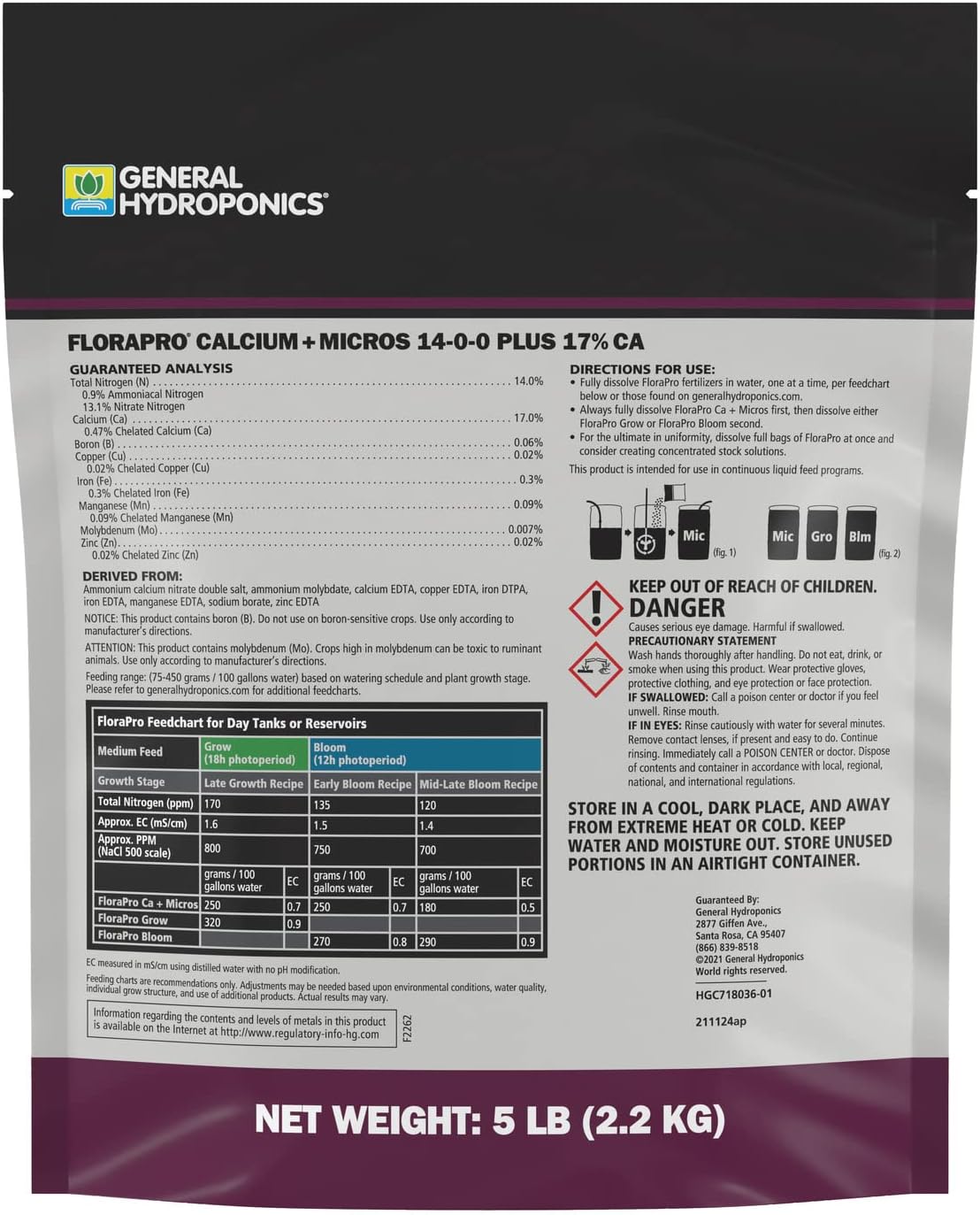 General Hydroponics FloraPro Calcium + Micros 14-0-0 Plus 17% Ca, Nutrient for Commercial Cultivation, 5 lbs.