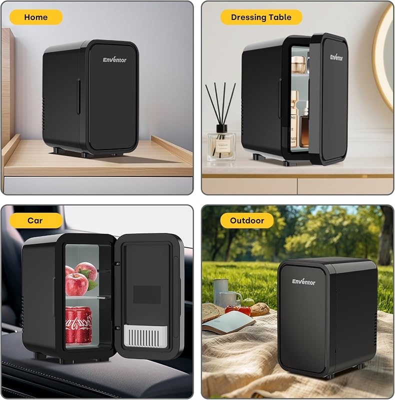 Mini frigider Enventor 6 litri, 8 doze, negru, portabil, cu funcție de răcire și încălzire, alimentare la priză și auto 12V, pentru băuturi, fructe și cosmetice
