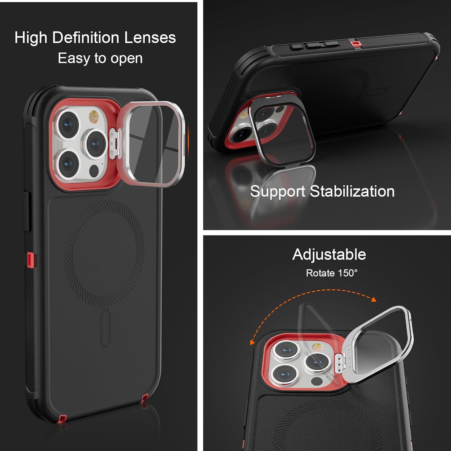 Follaroma for iPhone 15 Pro Max Case with Stand & Built-in Camera Cover, MagSafe Compatible, Heavy-Duty Shockproof Protection, Magnetic & Rugged Phone Cover for iPhone 15 Pro Max 6.7'', Black-red