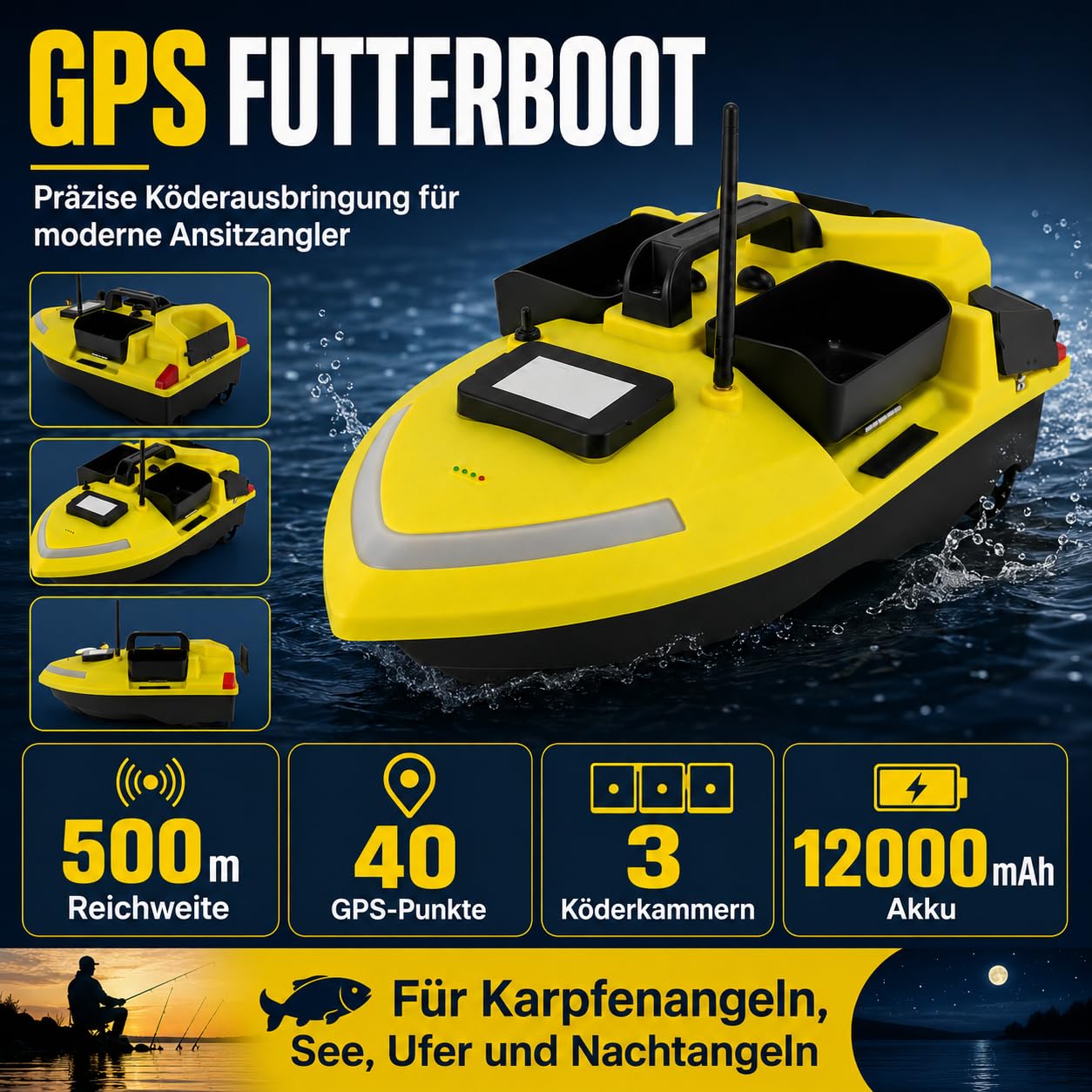 Barca per mangimi con GPS RC, barca a distanza con 3 camere di esca, luce LED, ritorno automatico, barca GPS Cruise con batteria da 12000 mAh