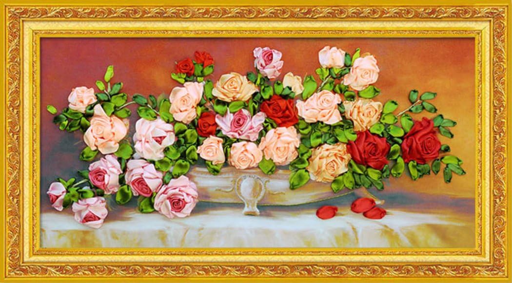 Aureate Handmade Ribbon Embroidery Kits Canvas 3D Wall Art Home Decoration DIY Needlepoint Tapestry Hanging Gift Blossom Rose Love 20"×33"
