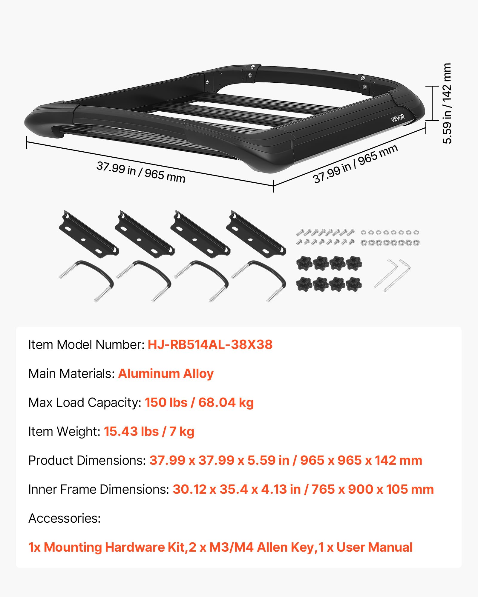 VEVOR Cesta de Techo para Coche 96,5 x 96,5 x 14,2 cm, Portaequipajes para Techo Carga de 68,04 kg, Portaequipajes de Coche Compatible con Barras Transversales de hasta 9 x 5 cm, para SUV, Camioneta