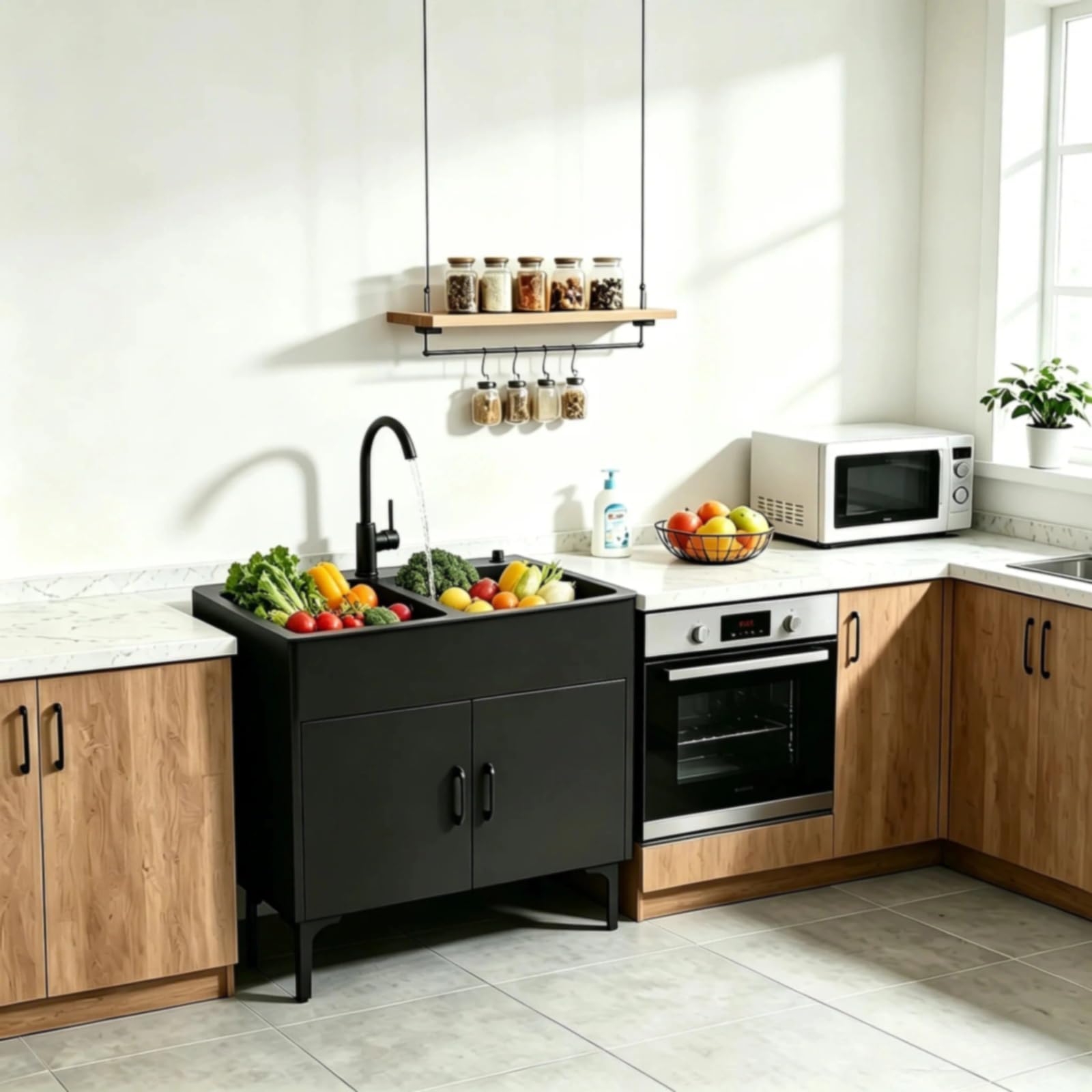 Freistehende Edelstahl KüChenspüLe mit Unterschrank Ausziehbarem Wasserhahn Gewerbliche Doppelbecken SpüLenschrank für KüChe WäSche Badezimmer Komplettes Set(black,75x41x85cm)