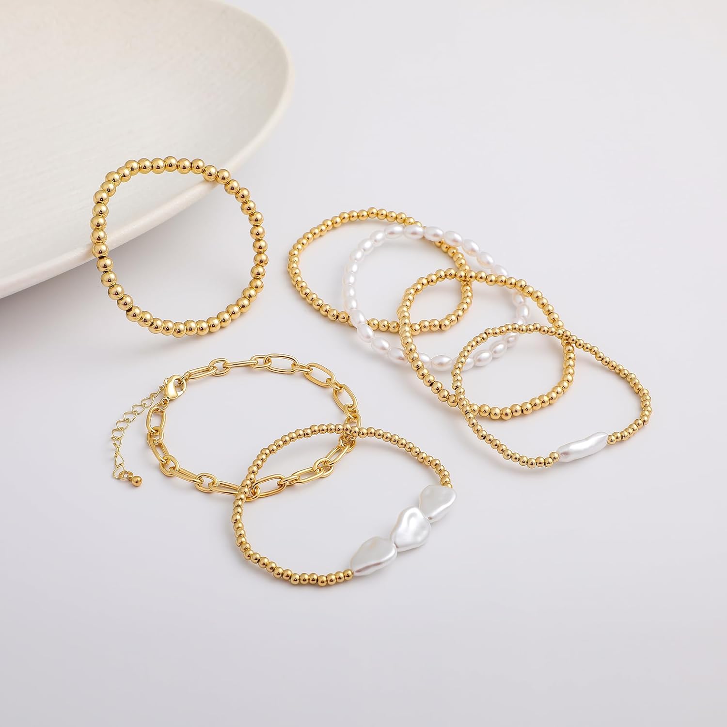 Gold Plated Beaded Bracelets for Women Trendy, 14K Gold Plated Stack Cross Pearl Gold Plated Bead Stretch Bracelets Set Elastic Hypoallergenic Bracelets Jewelry Gifts - Image 6