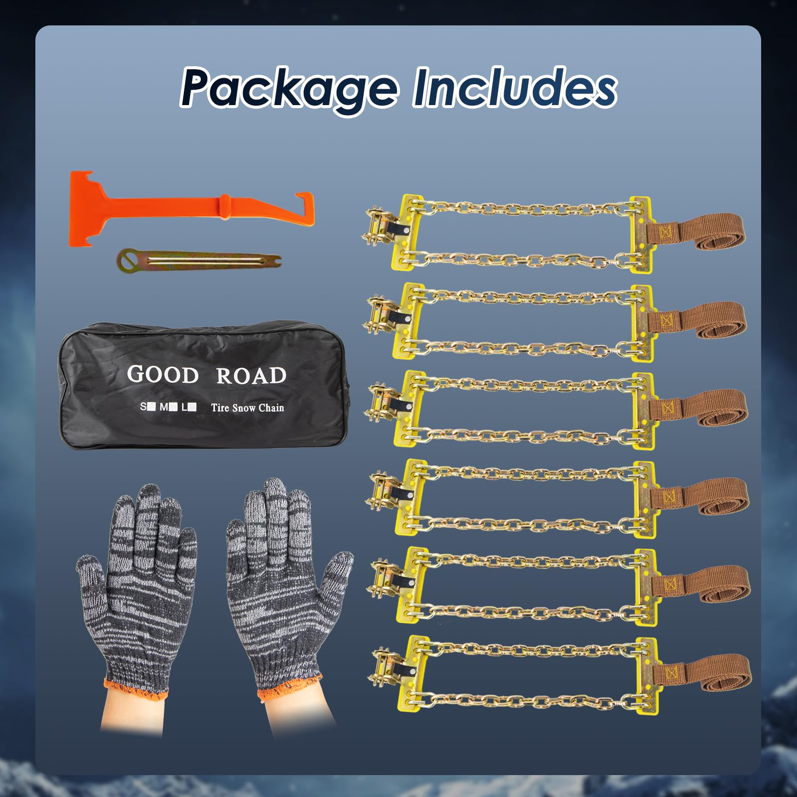 Cadenas para Nieve - Juego de 6 Ajustables y Resistentes Con Pala de Plástico y Guantes - Para Coches, Camiones, SUV - Ancho 165-265 mm