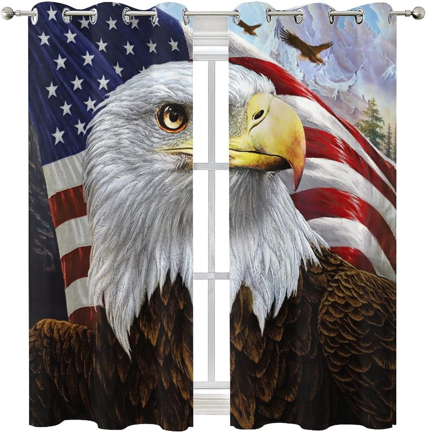 US Flag Eagle Ultra Soft Premier Blackout Curtains,Vintage Oil Painting Forest Wild Animals Bald Eagle American Flag Thermal Insulated Bedroom Noise Reducing Grommet Top,2 Panels 45L x 21W
