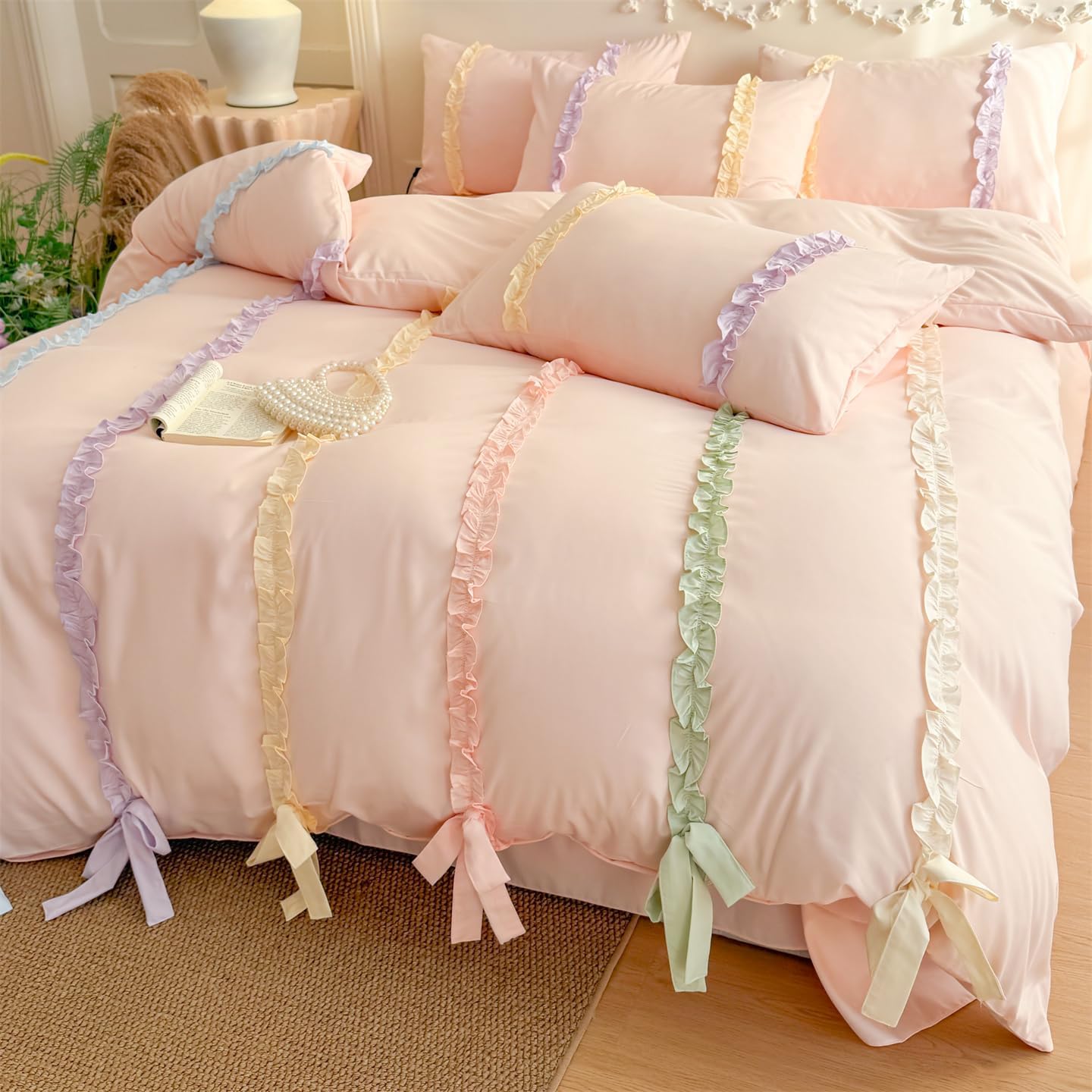 Colorful Striped Ruffled Bedding with Cute Bow,Chic Ruffle Romantic Queen Duvet, Coquette Aesthetic Style 3 piece Duvet Cover Set-1Queen Duvet Cover with 2 Pillowcases, No Comforter