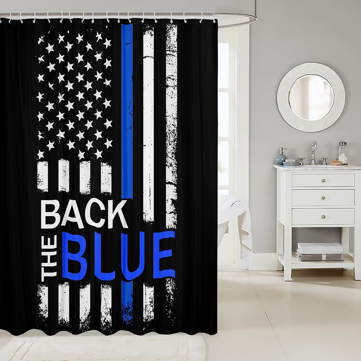 Castle Fairy Police Theme Shower Curtain American Flag Bathroom Shower Curtain Set for Kids Adult Back The Blue Bath Curtain Retro Style Waterproof Curtains Room Decor 72 x 72 Inch