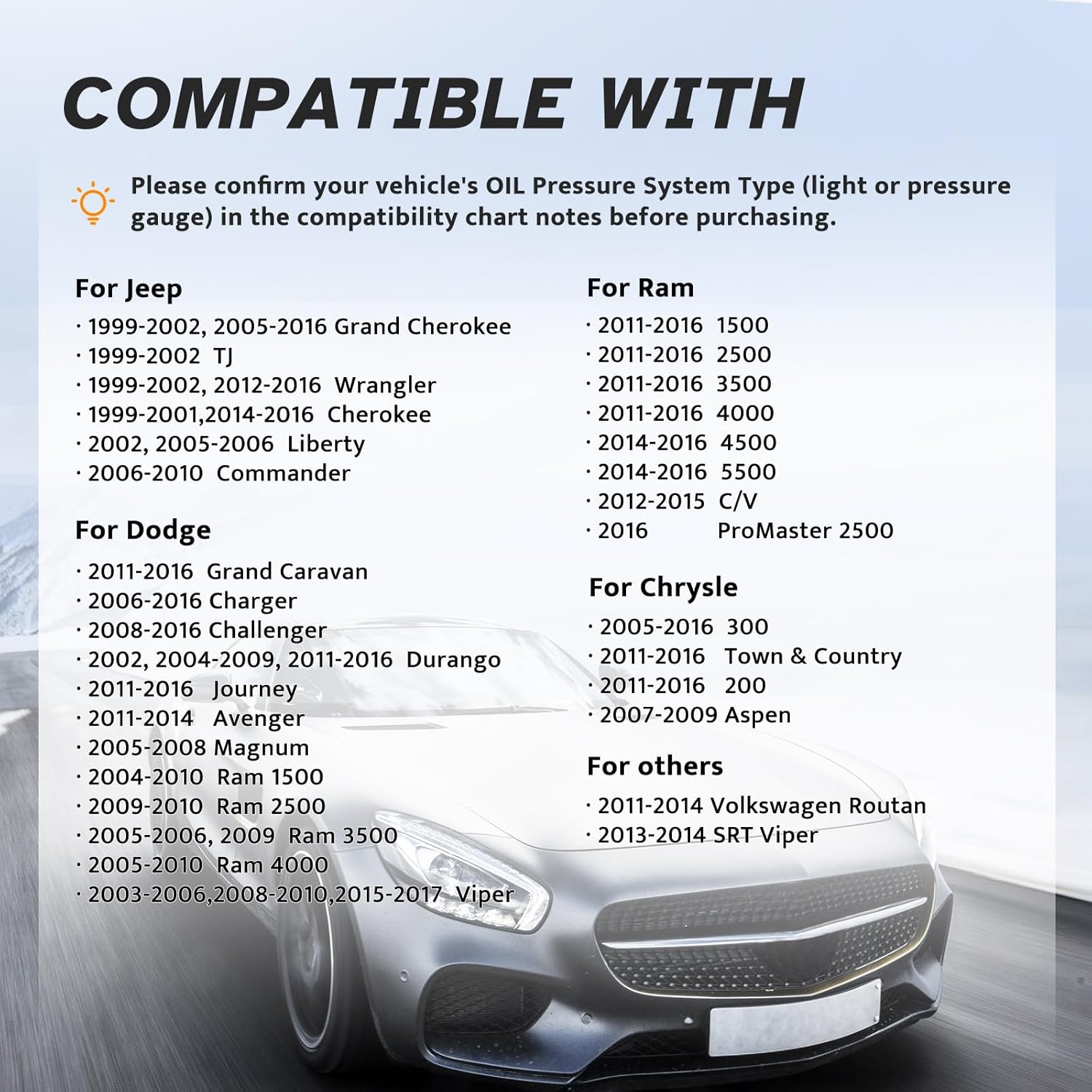 engine oil pressure sensor sender switch, sending unit for 2007-16 dodge ram 1500, 1999-16 jeep grand cherokee wrangler, grand caravan charger challenger durango journey, chrysler 300 town country