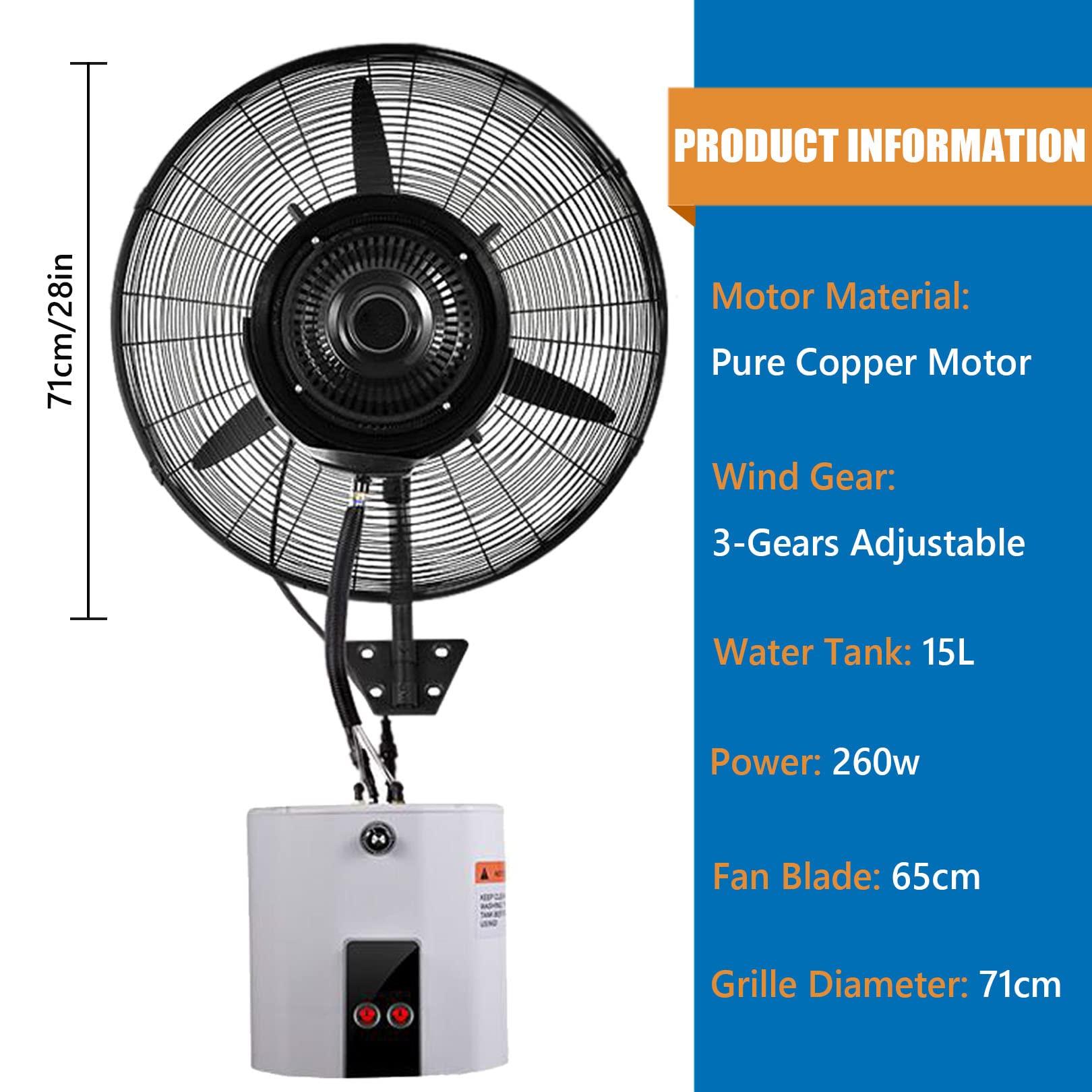 Ventilador Industrial De Pared, Ventilador Oscilante De 90° con Nebulización para Exteriores Y 3 Velocidades, Ventilador De Refrigeración para Patio, Restaurante, Taller O Exteriores.